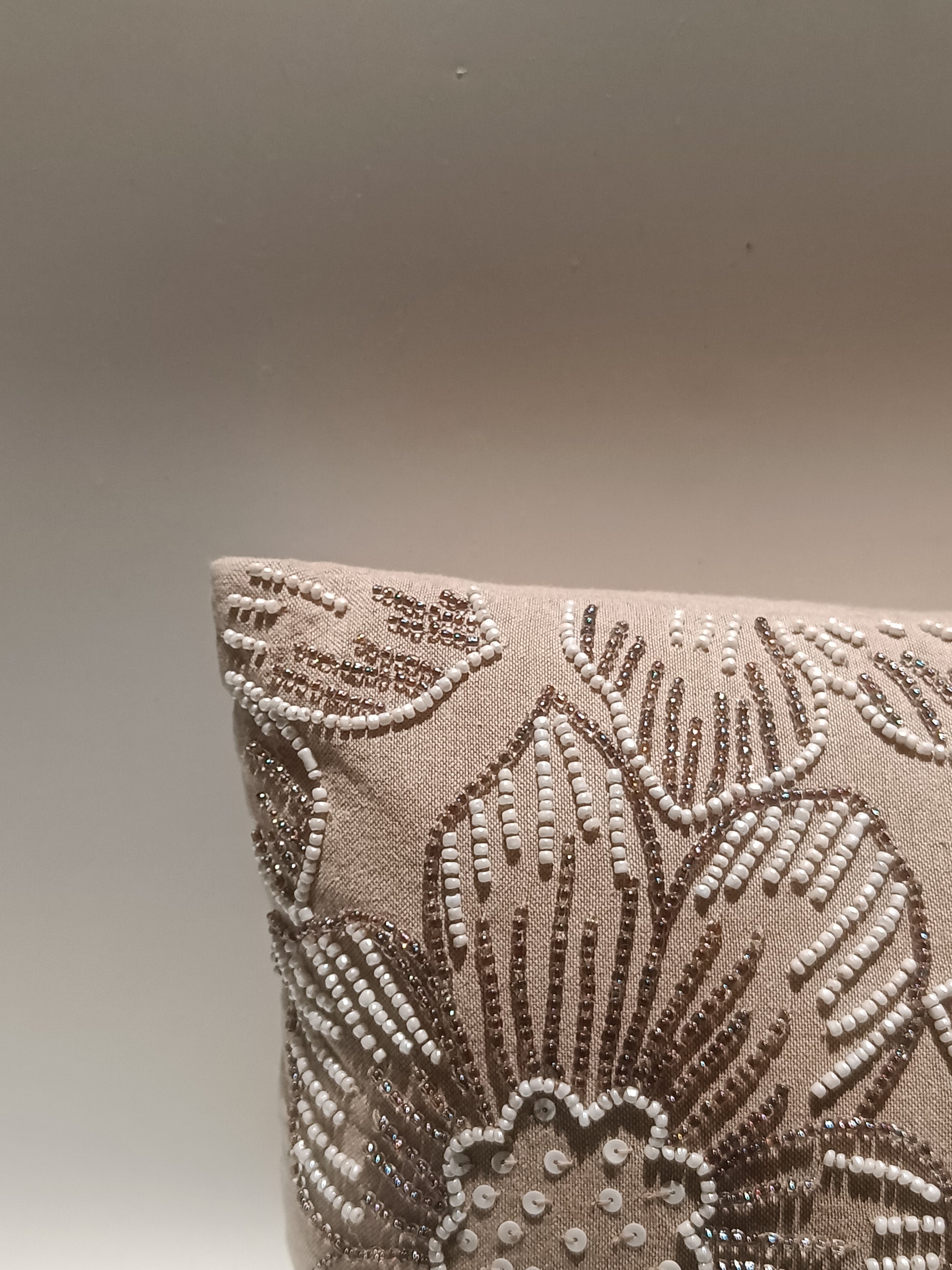 Embroidered Velvet Cushion with Floral Beadwork – Champagne Beige