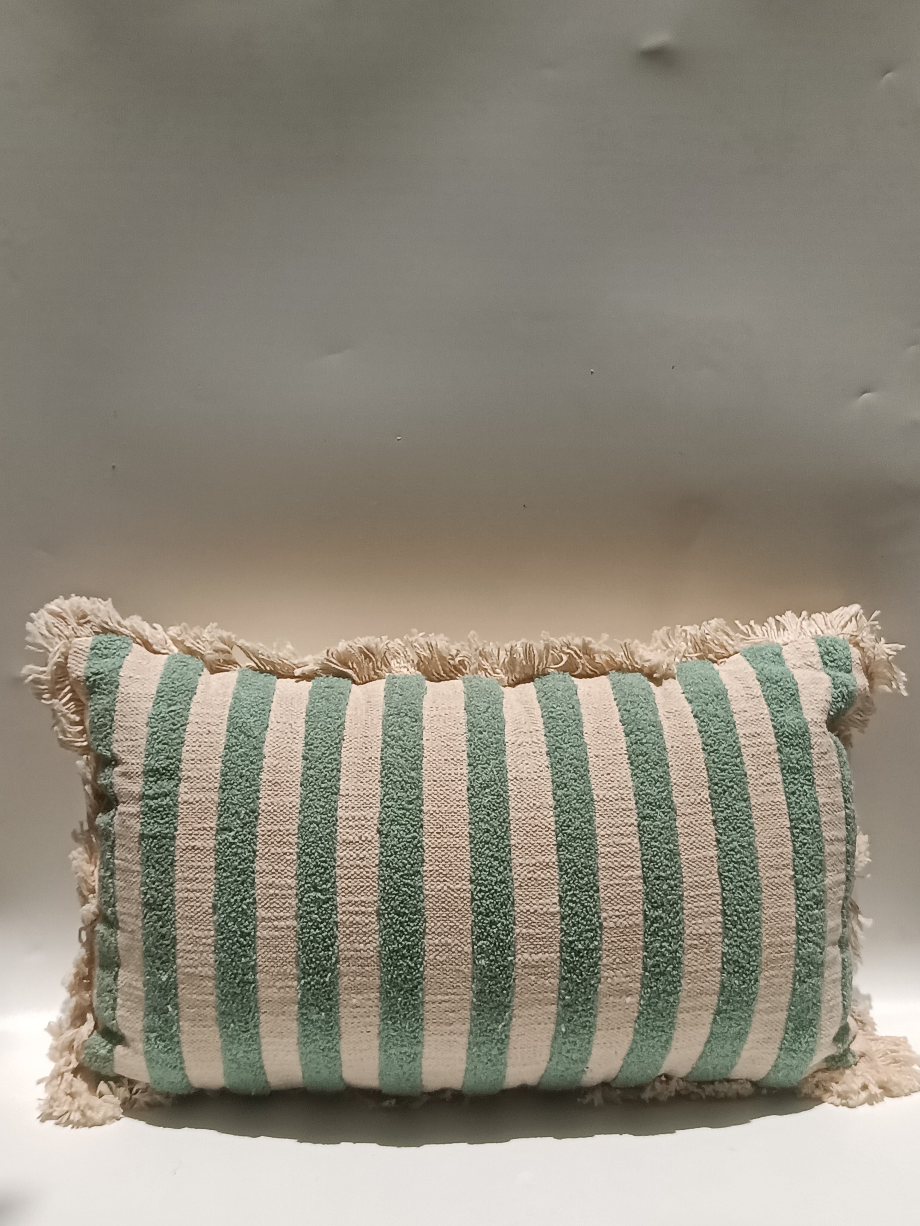 Handwoven Cotton Cushion with Mint Green Stripes & Tassels