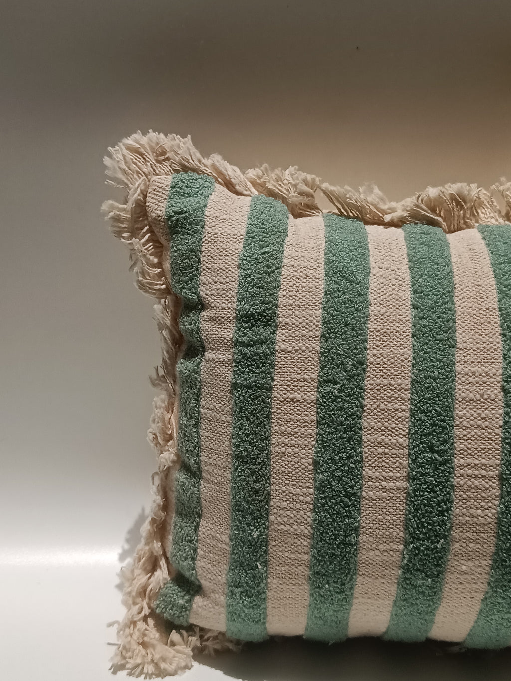 Handwoven Cotton Cushion with Mint Green Stripes & Tassels
