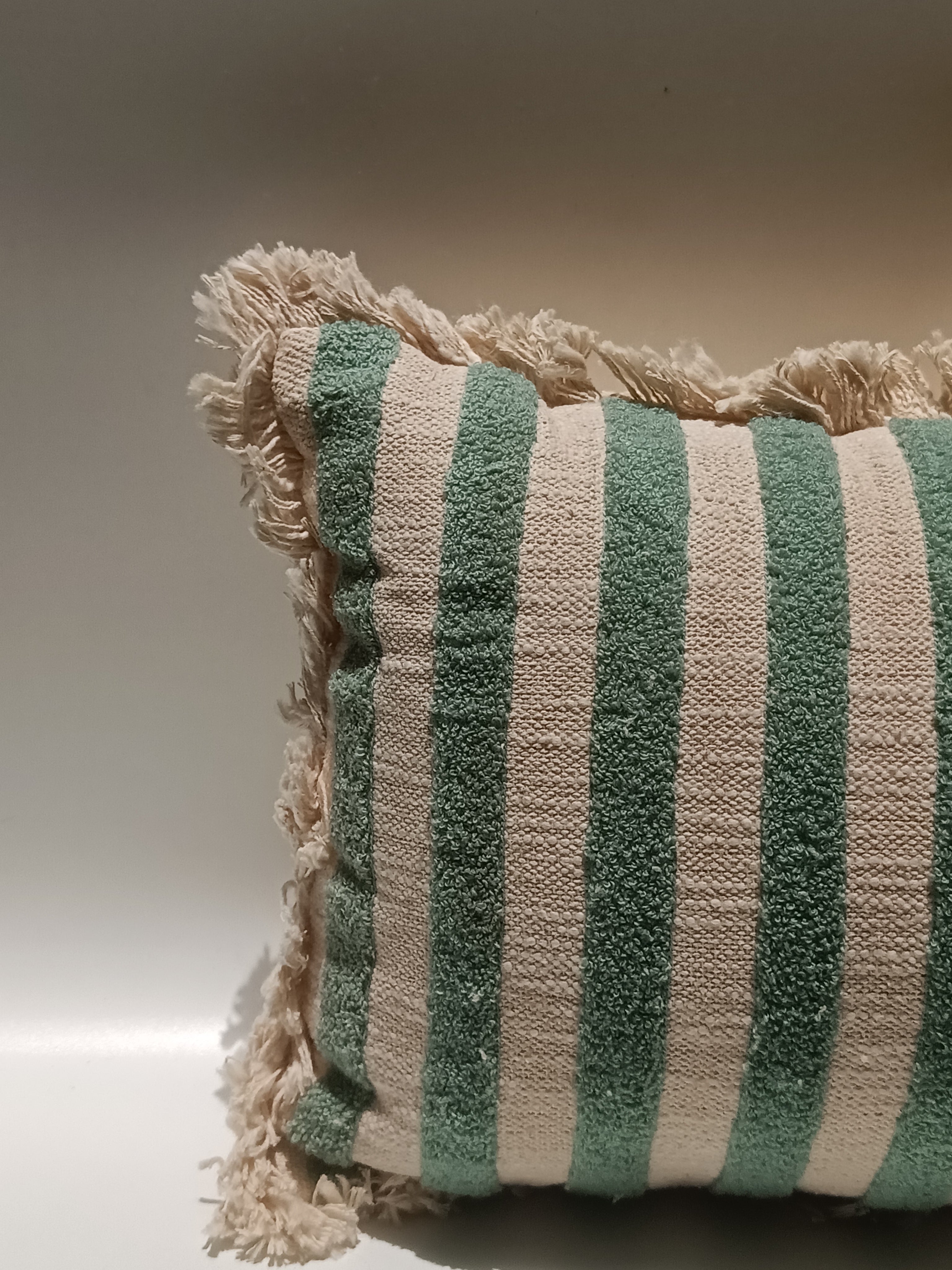 Handwoven Cotton Cushion with Mint Green Stripes & Tassels