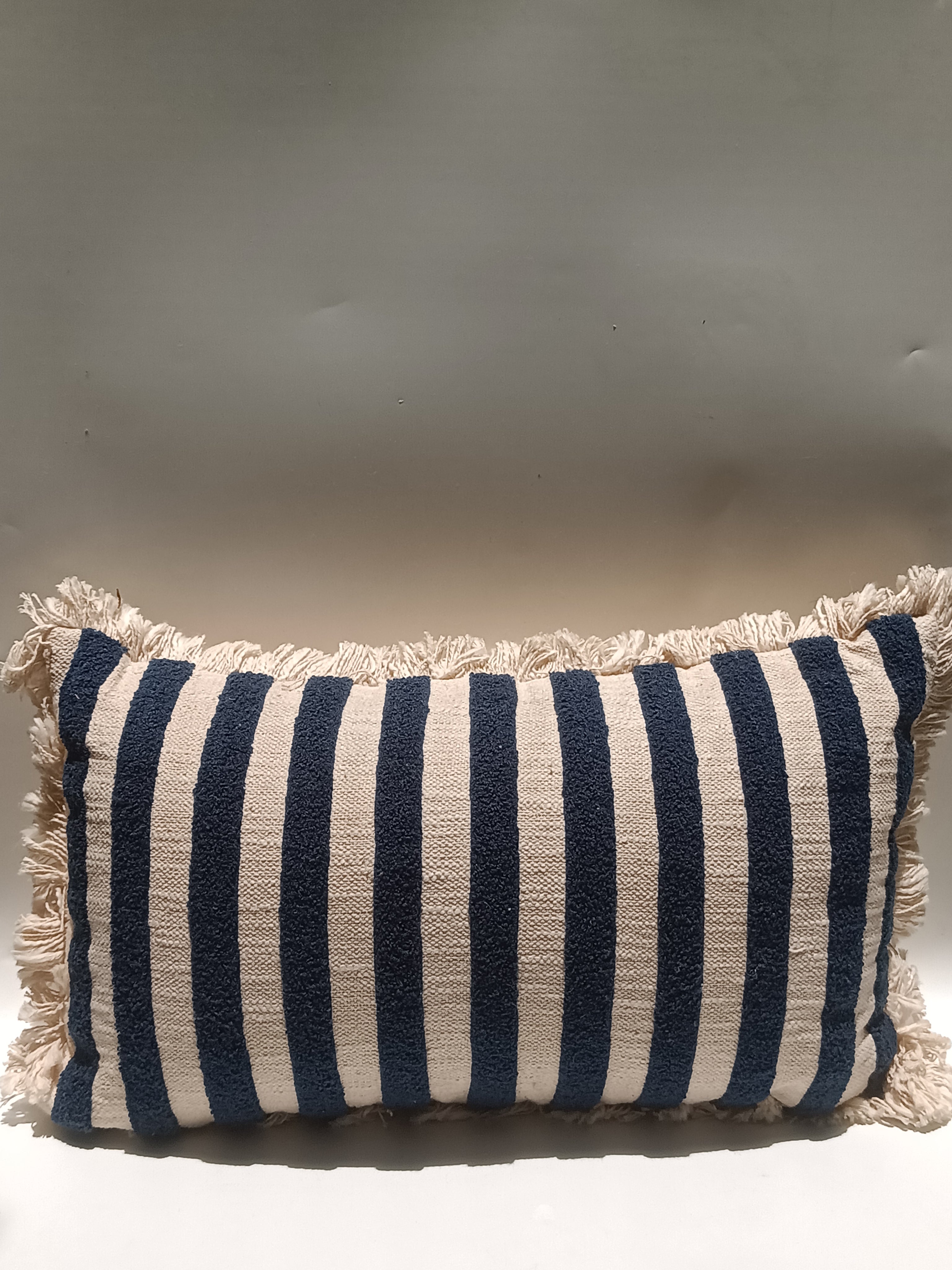 Handwoven Striped Cotton Cushion with Tassels – Navy & Cream