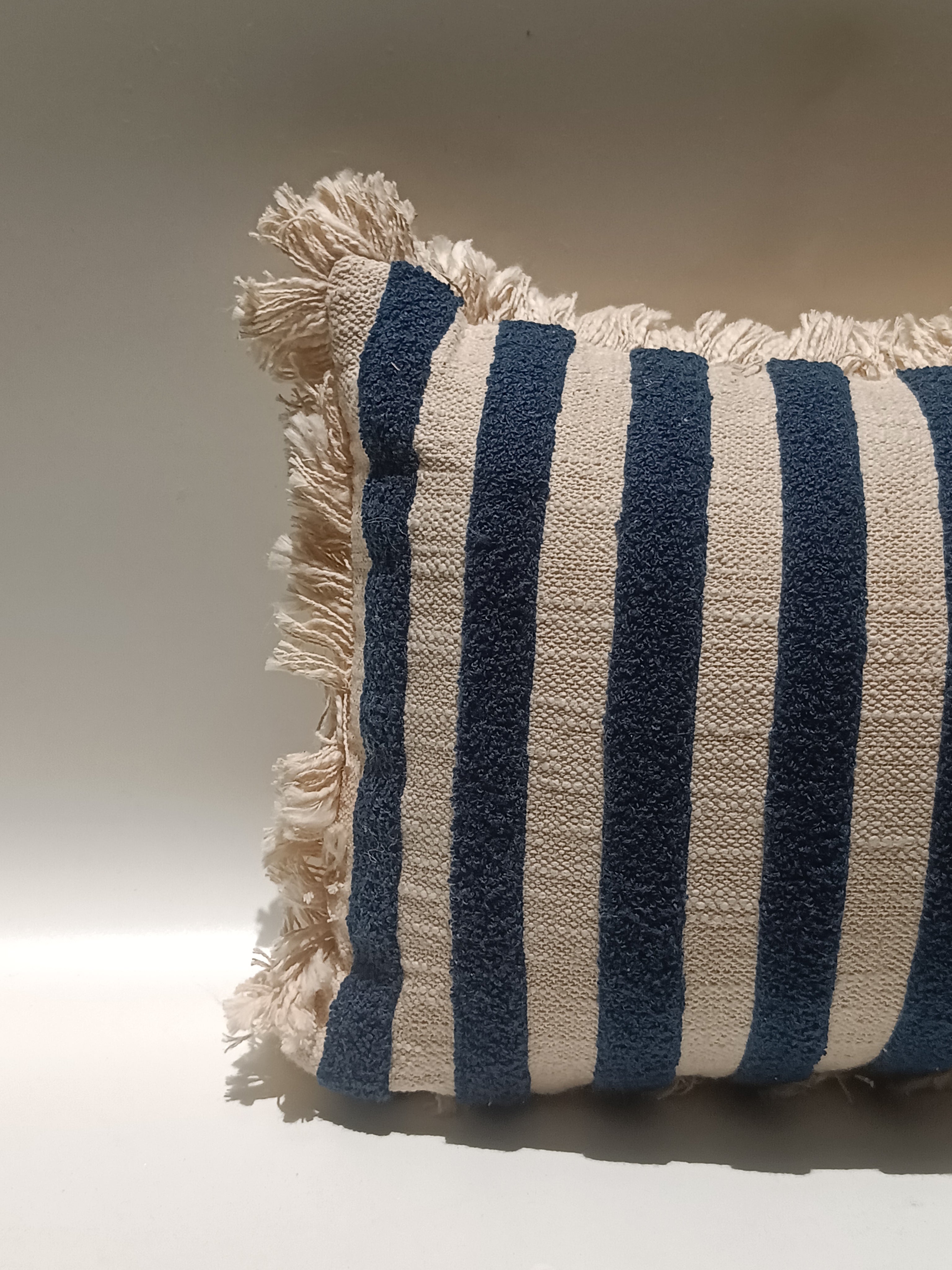 Handwoven Striped Cotton Cushion with Tassels – Navy & Cream