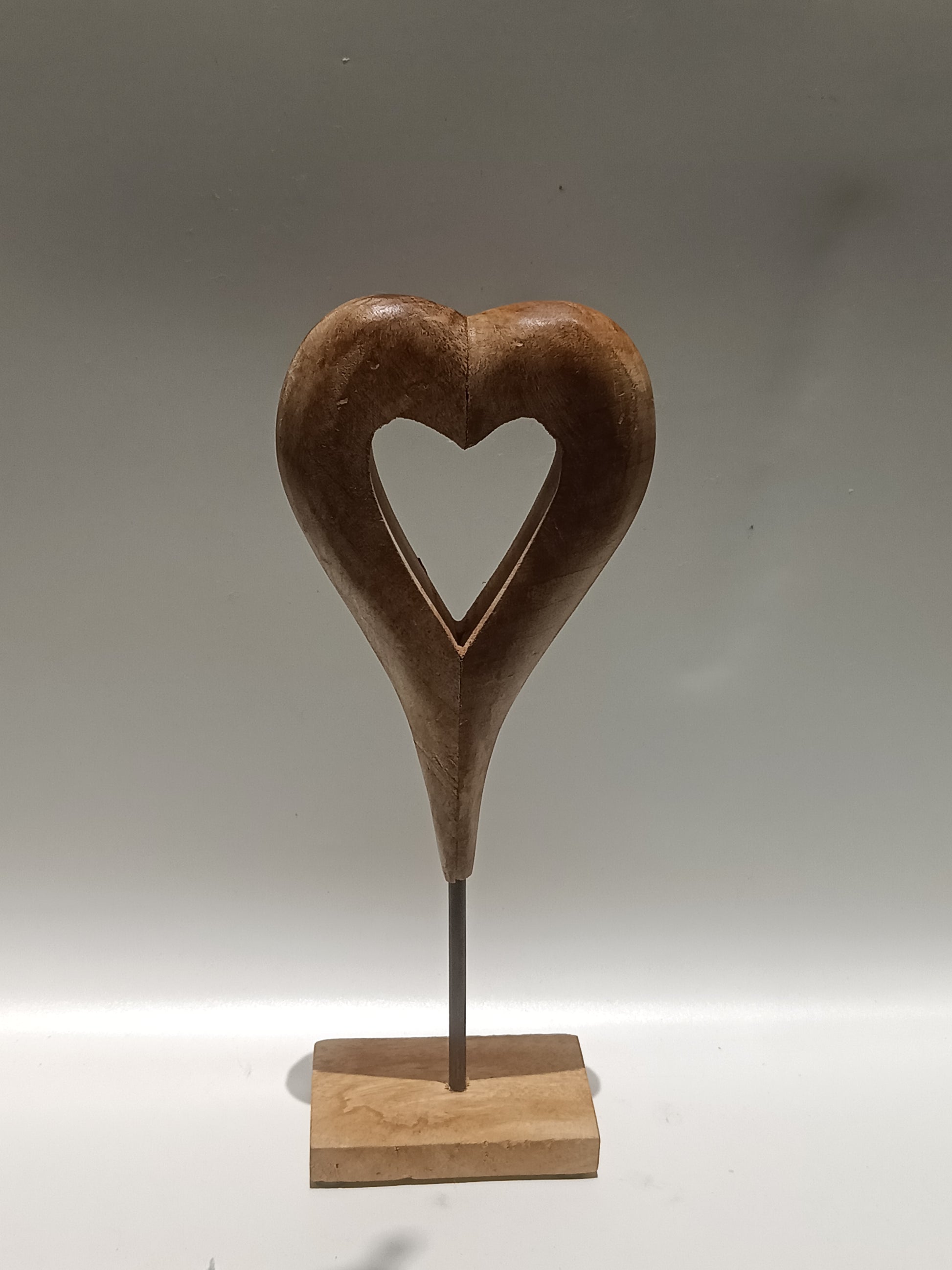 Handcrafted Wooden Heart Sculpture on Stand