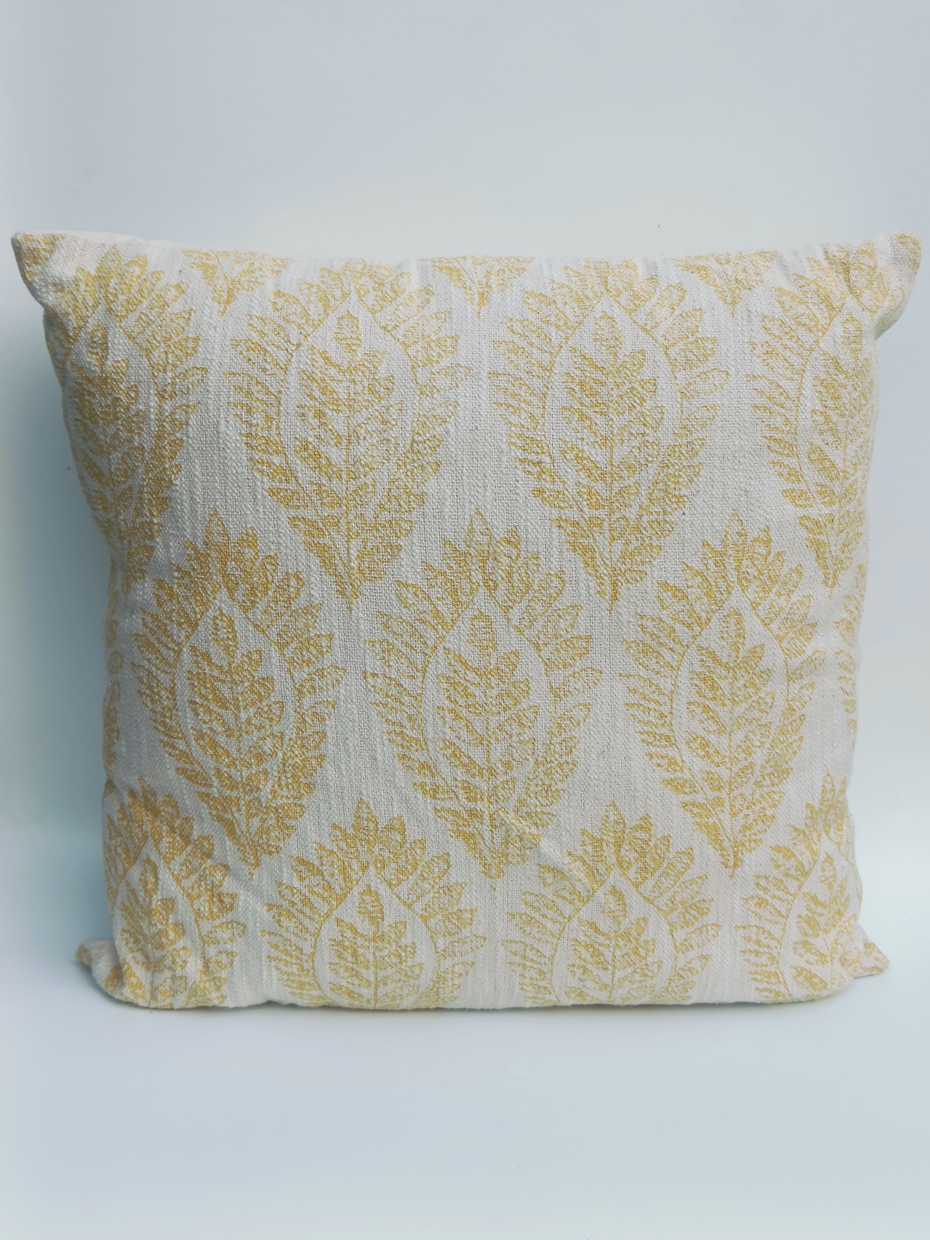 Handblock Printed Cushion Cover – Yellow Leaf Motif