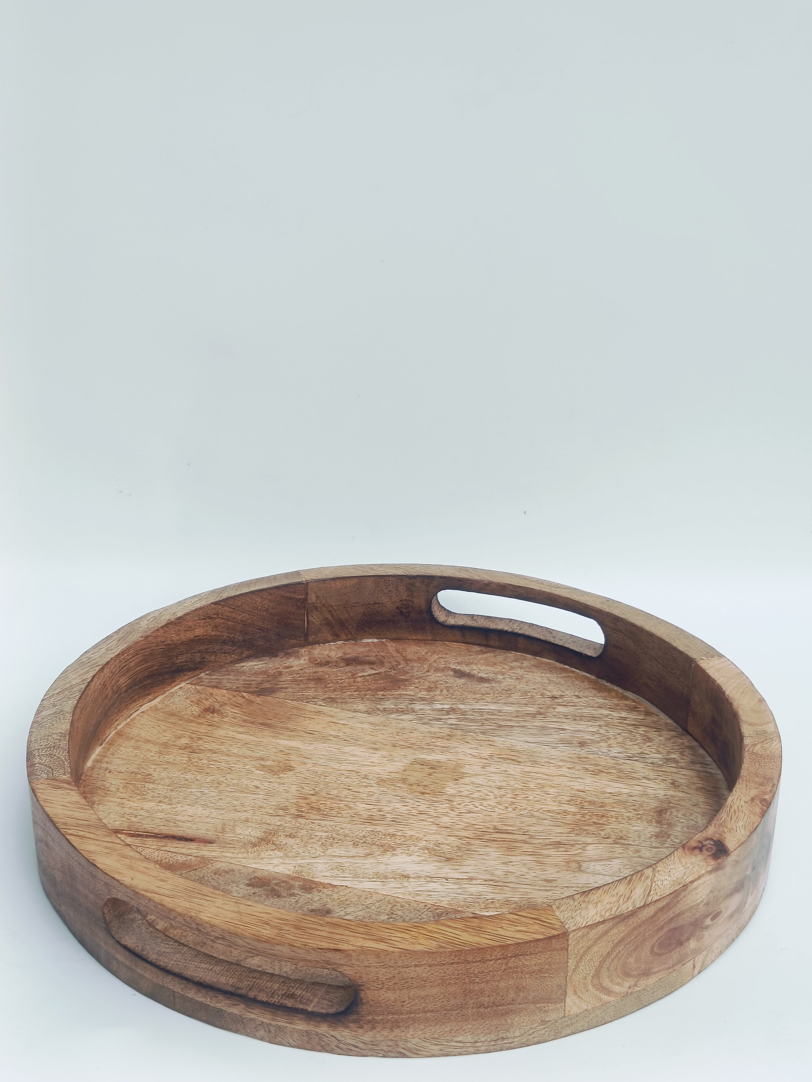 Round Wooden Serving Tray with Handles