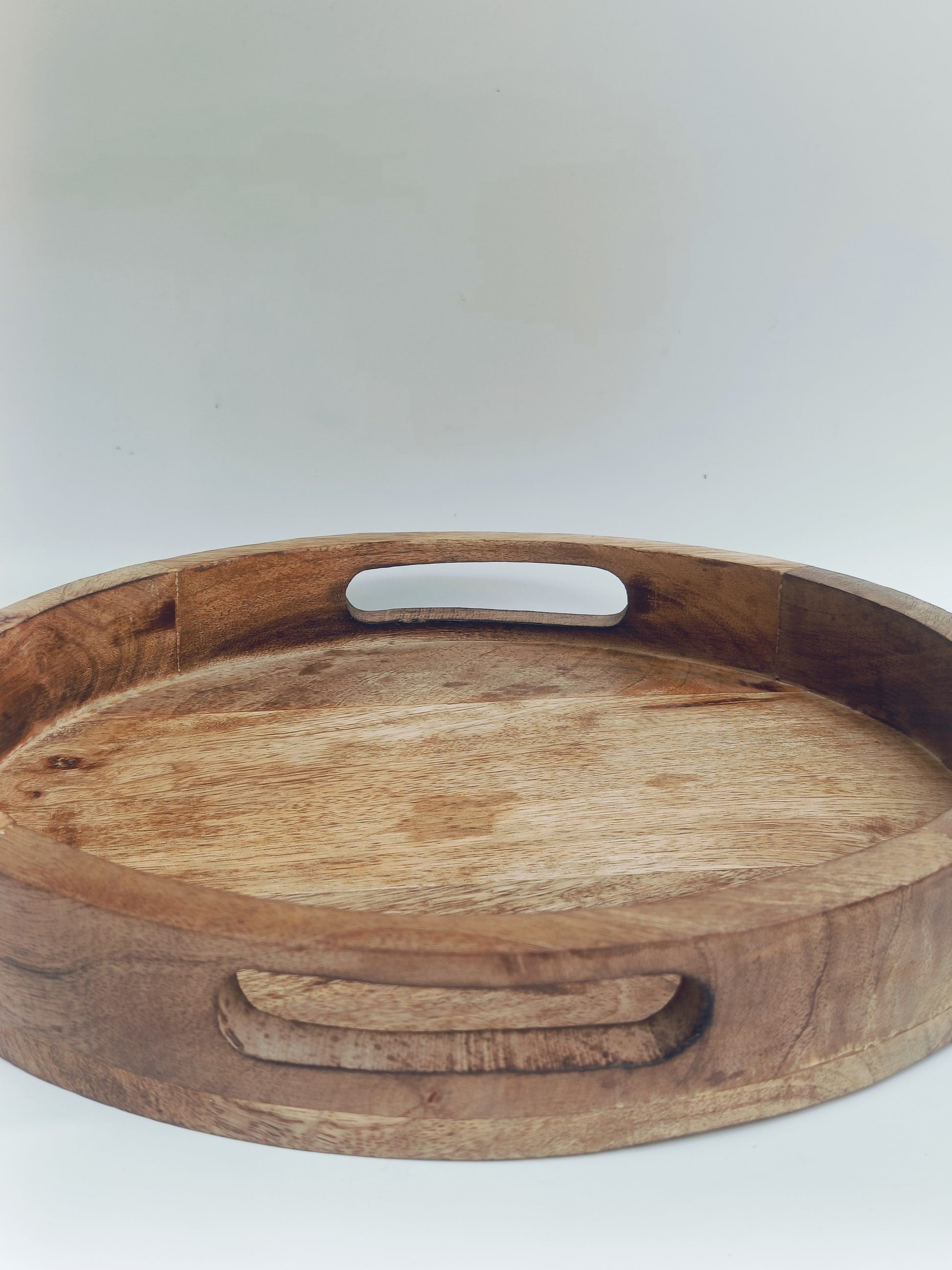 Round Wooden Serving Tray with Handles