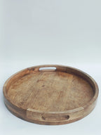 Large Round Wooden Tray with Cutout Handles