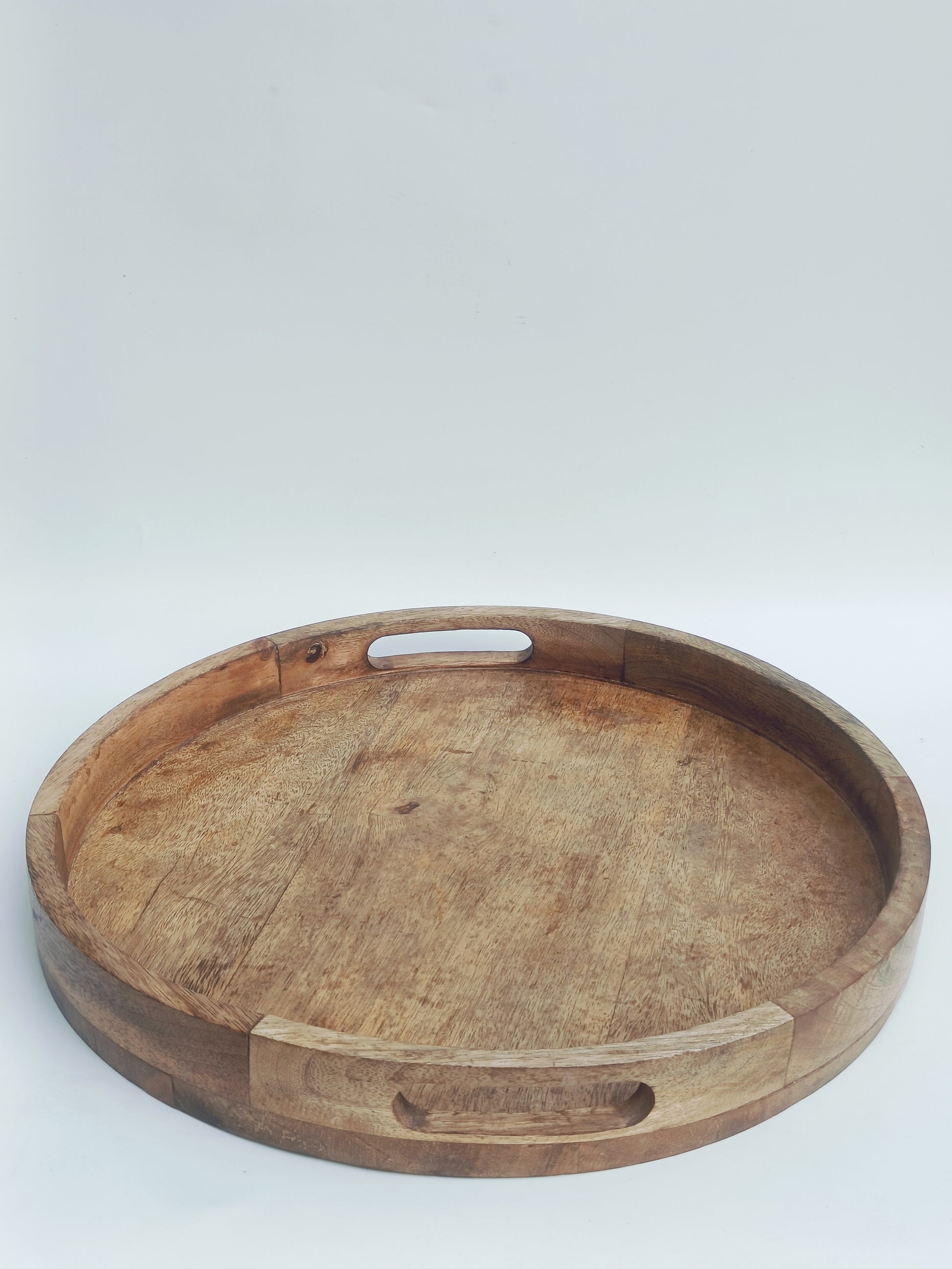 Large Round Wooden Tray with Cutout Handles