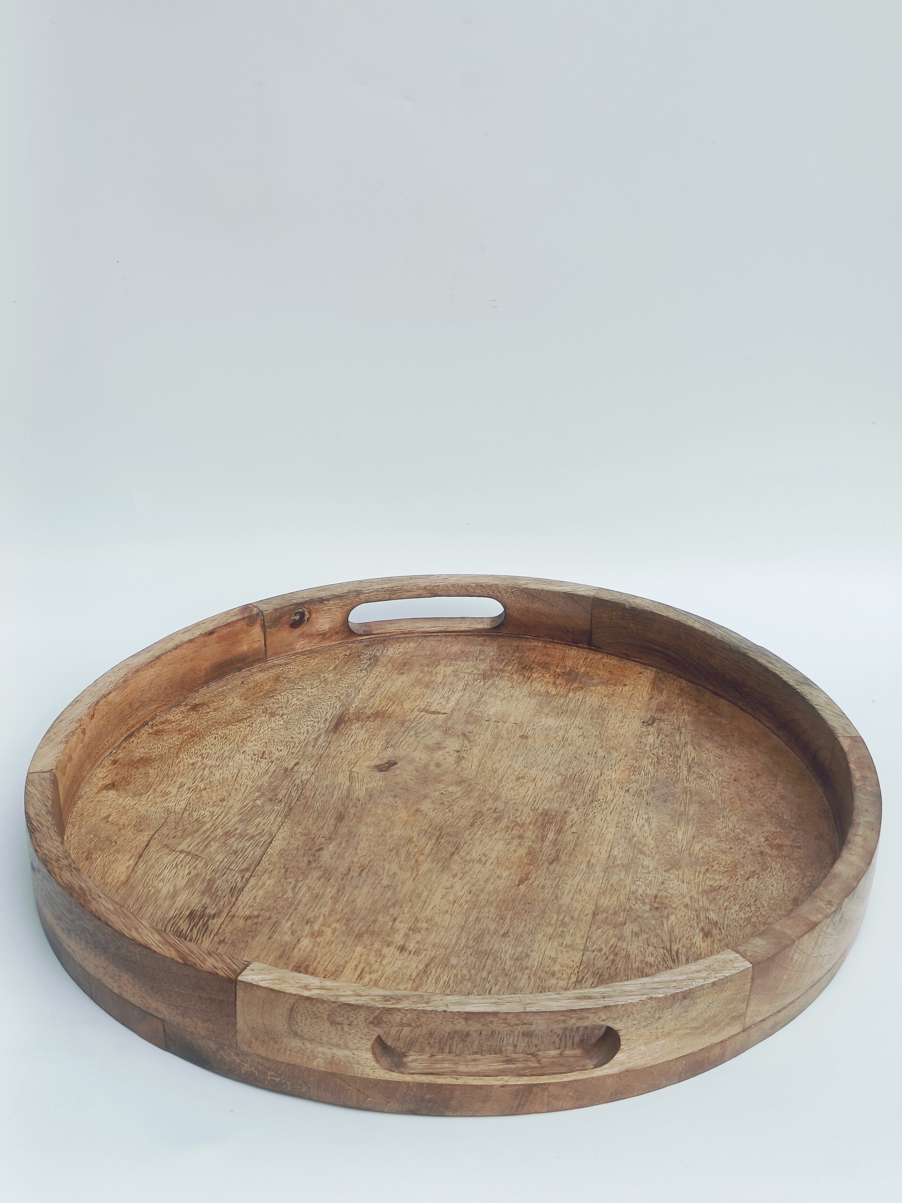 Large Round Wooden Tray with Cutout Handles