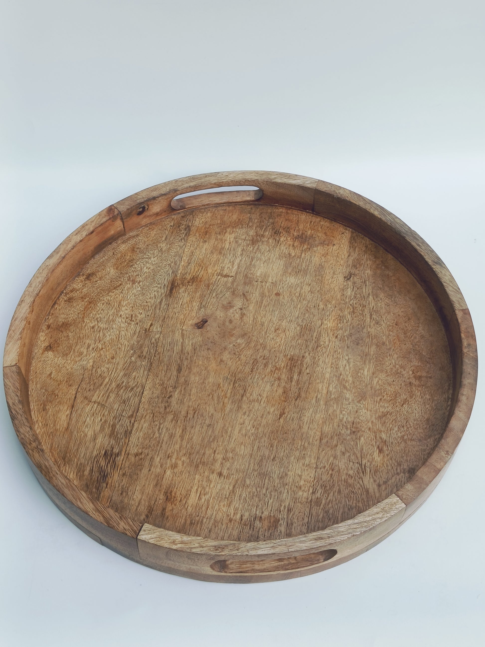 Large Round Wooden Tray with Cutout Handles