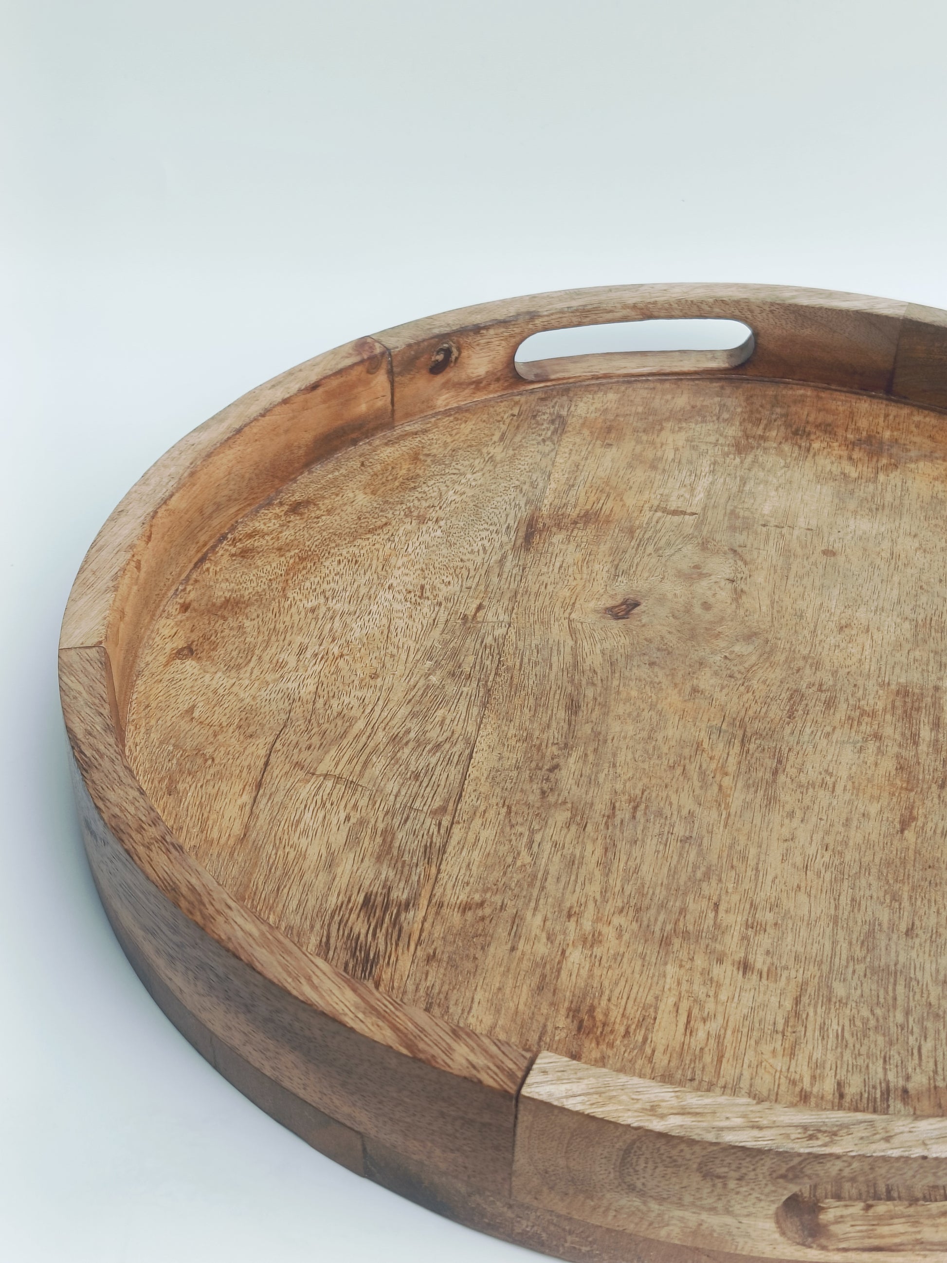 Large Round Wooden Tray with Cutout Handles