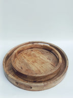 Large Round Wooden Tray with Cutout Handles