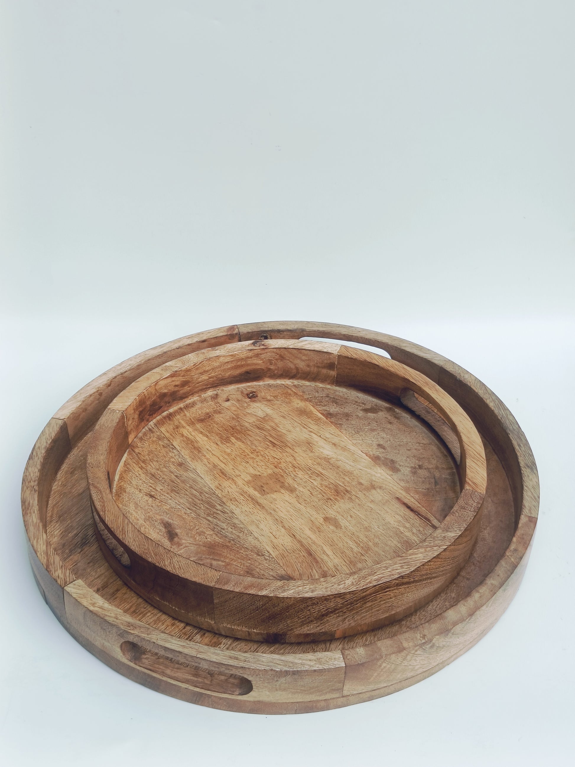 Large Round Wooden Tray with Cutout Handles