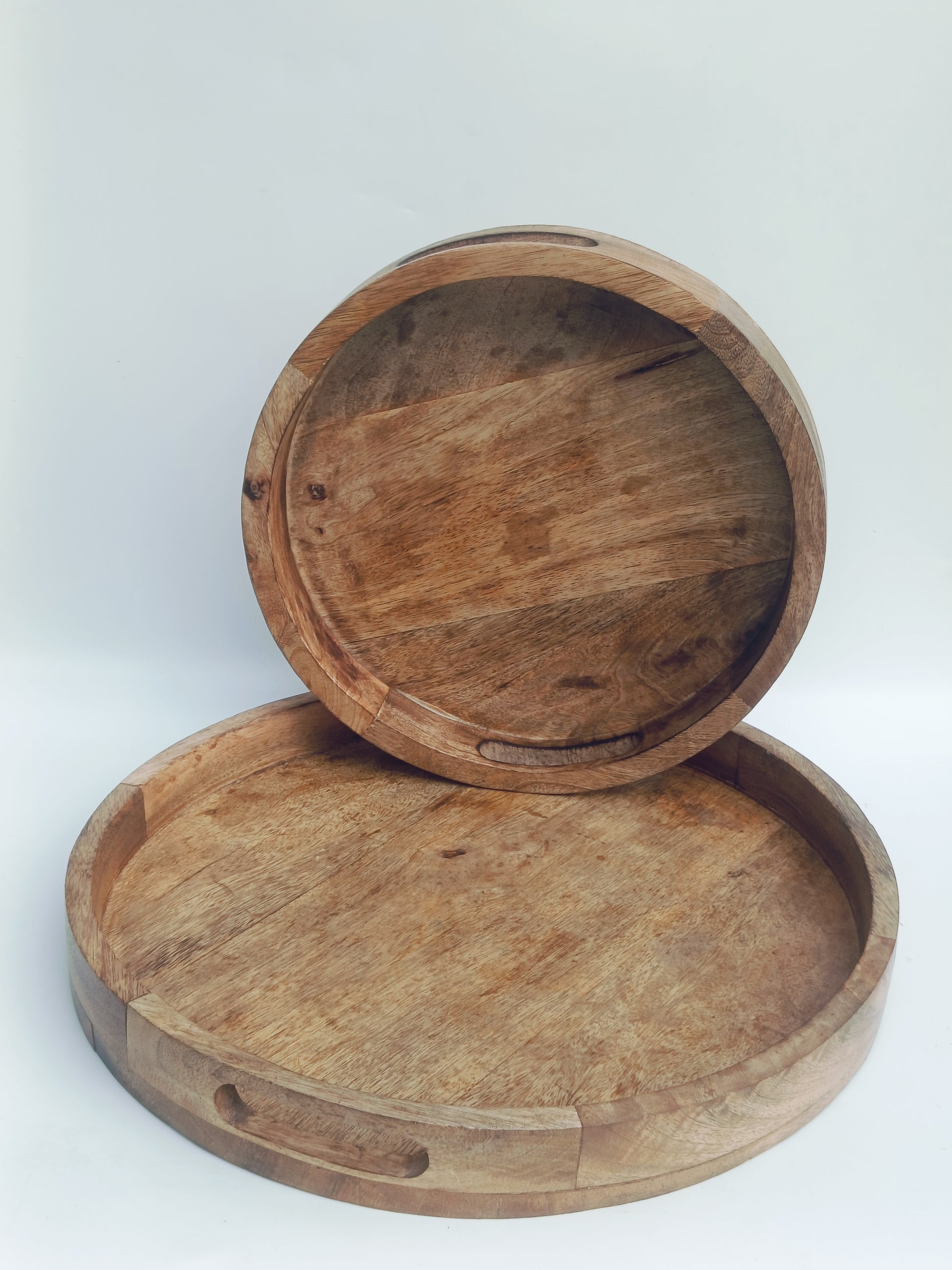 Large Round Wooden Tray with Cutout Handles