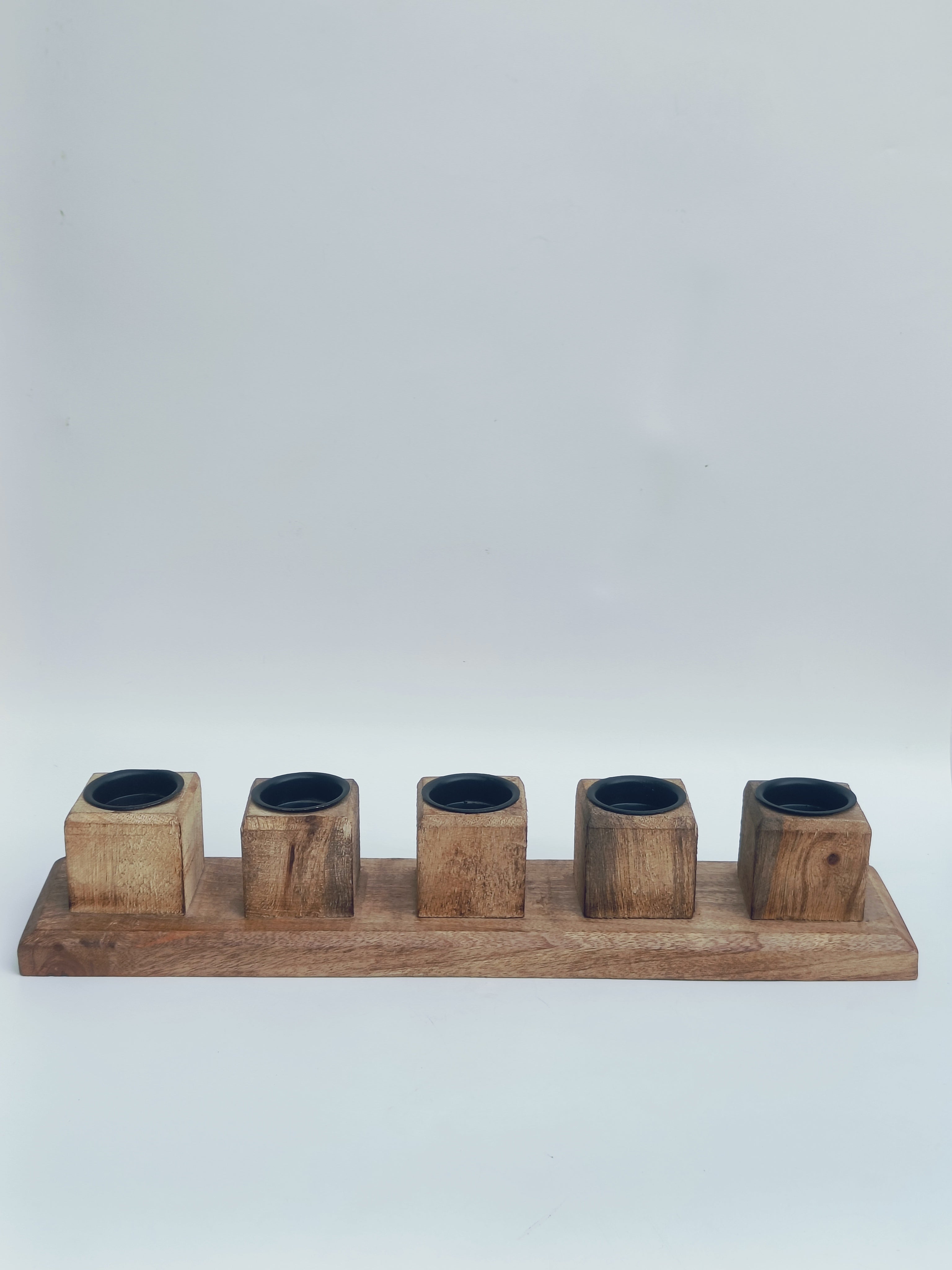 Rustic 5-Slot Wooden Candle Stand – Handcrafted Solid Wood