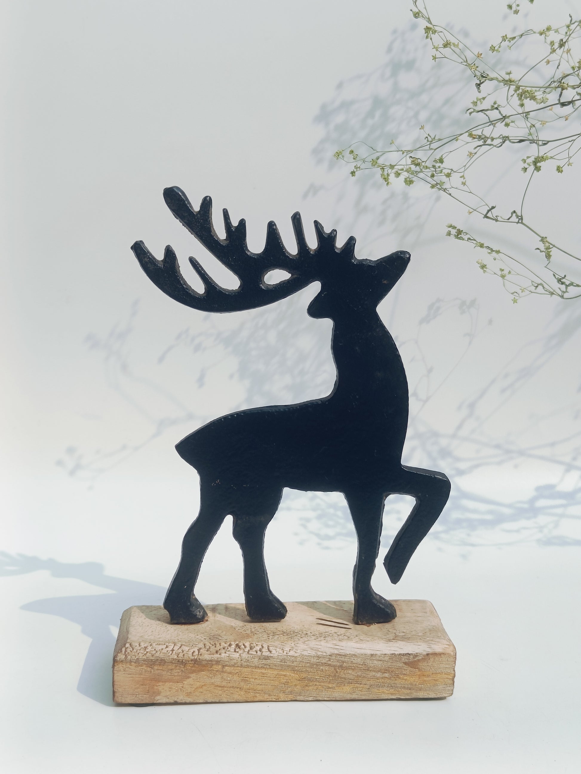 Rustic Iron Reindeer Figurine on Wooden Base