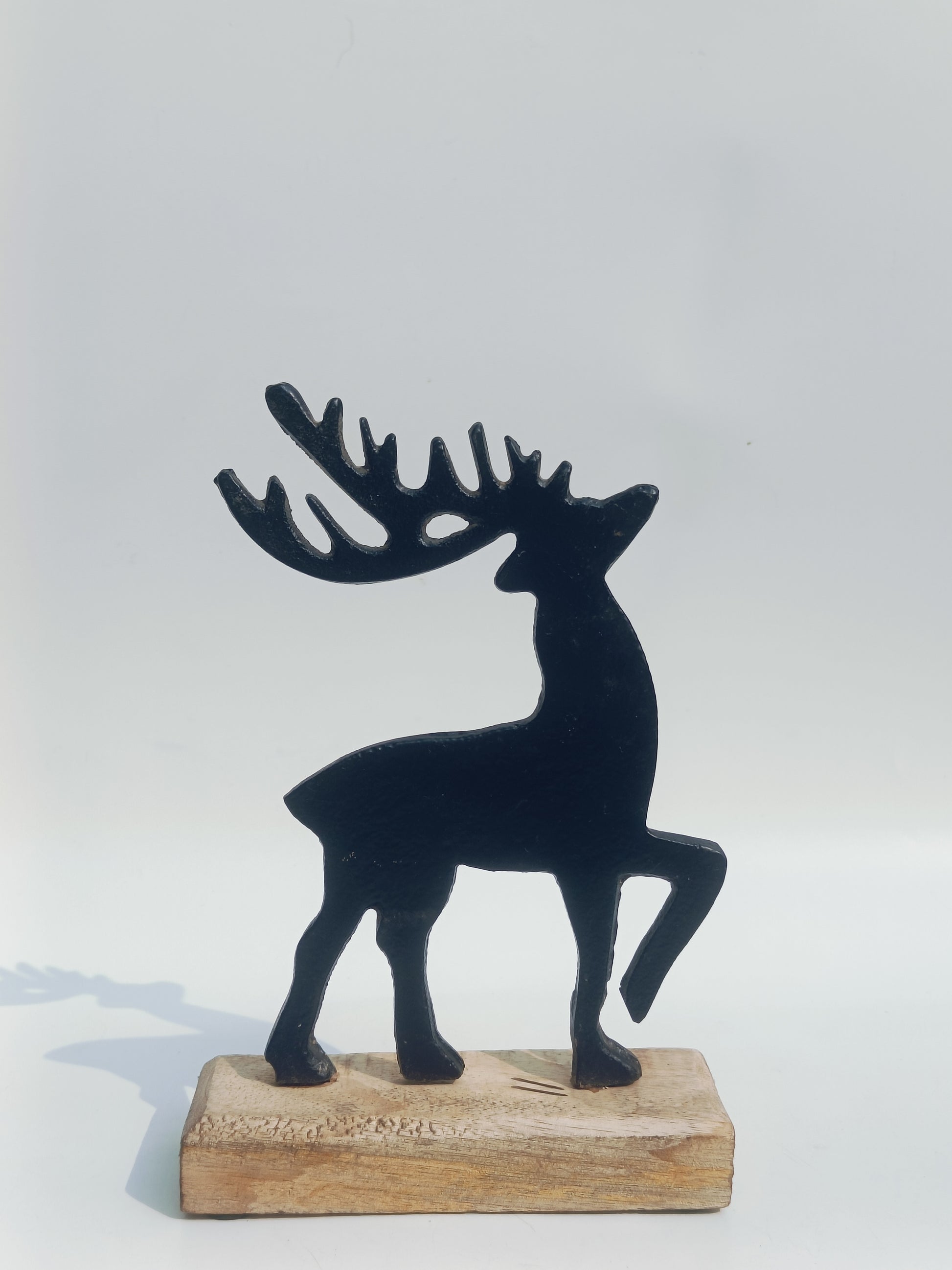 Rustic Iron Reindeer Figurine on Wooden Base