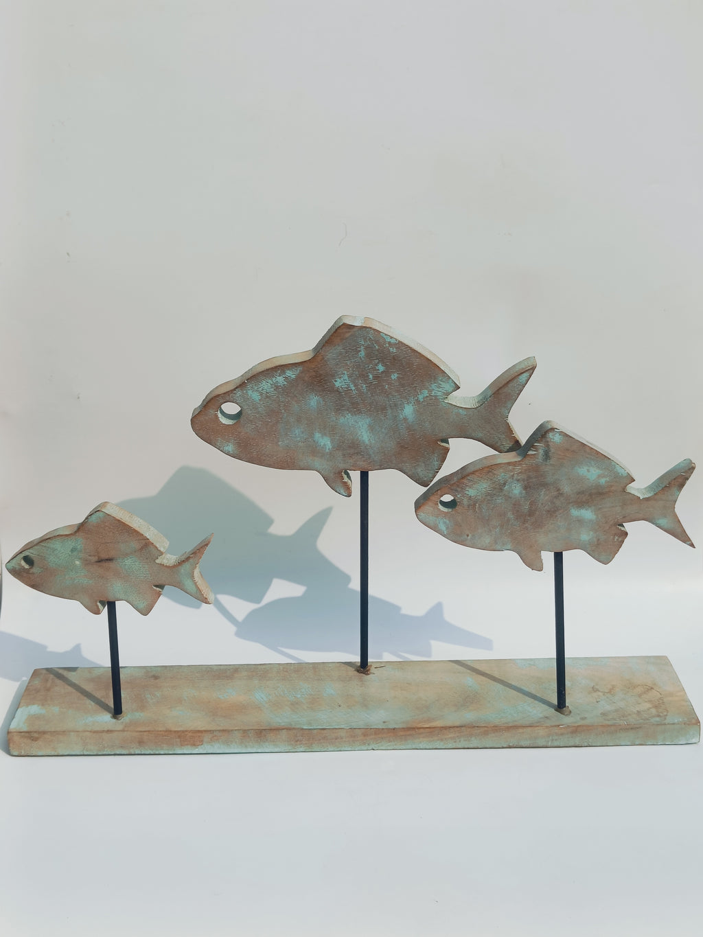 Rustic Trio Fish Sculpture – Antique Finish on Wooden Base