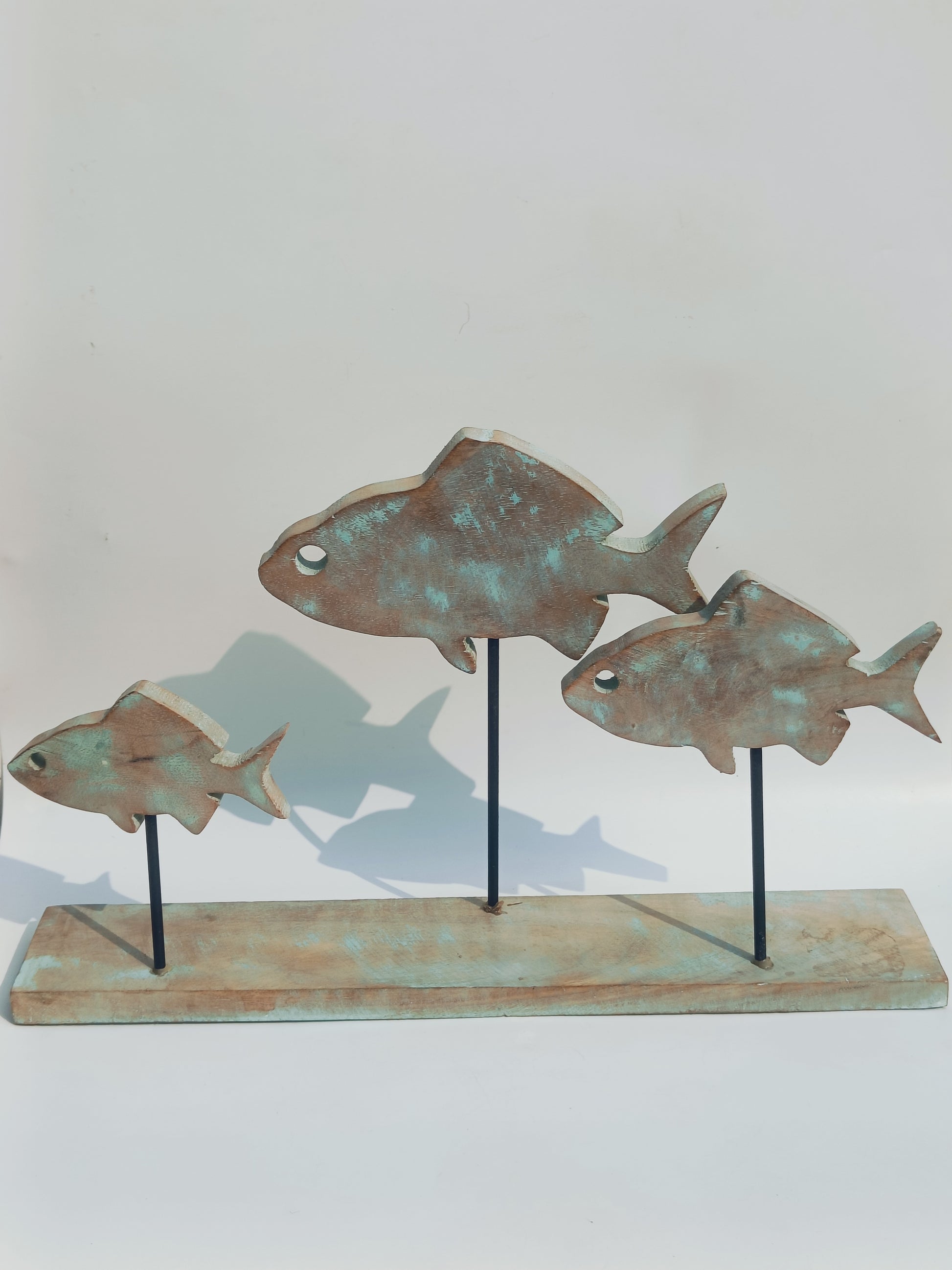 Rustic Trio Fish Sculpture – Antique Finish on Wooden Base