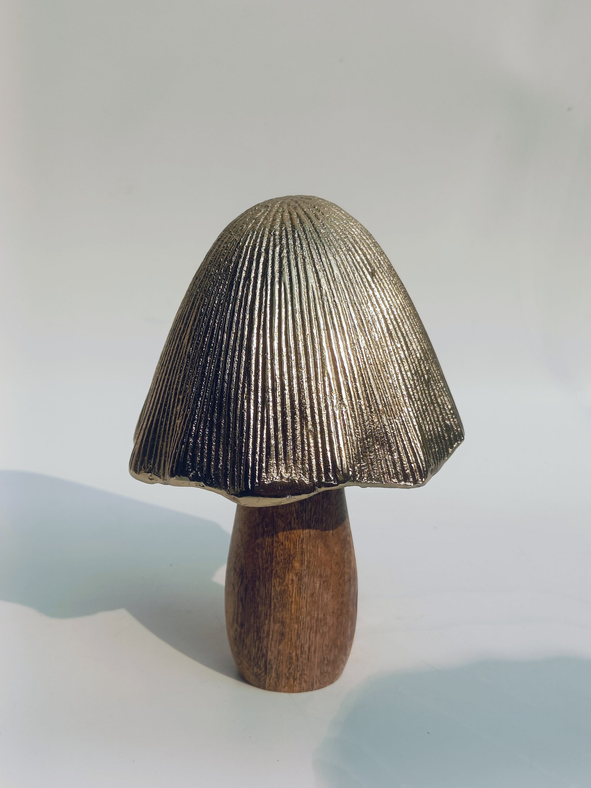 Handcrafted Metallic-Cap Wooden Mushroom Sculpture