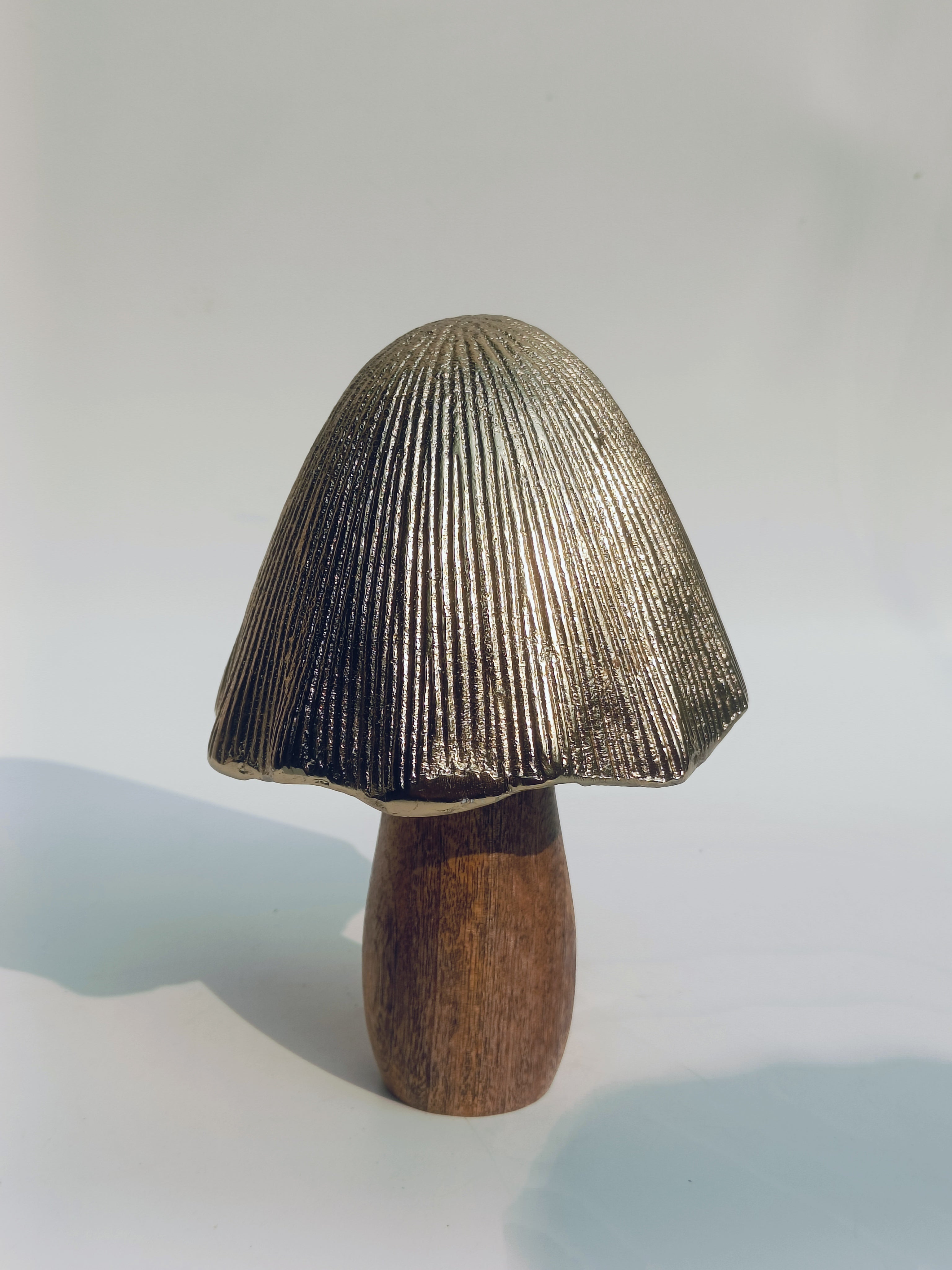 Handcrafted Metallic-Cap Wooden Mushroom Sculpture