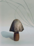 Handcrafted Metallic-Cap Wooden Mushroom Sculpture