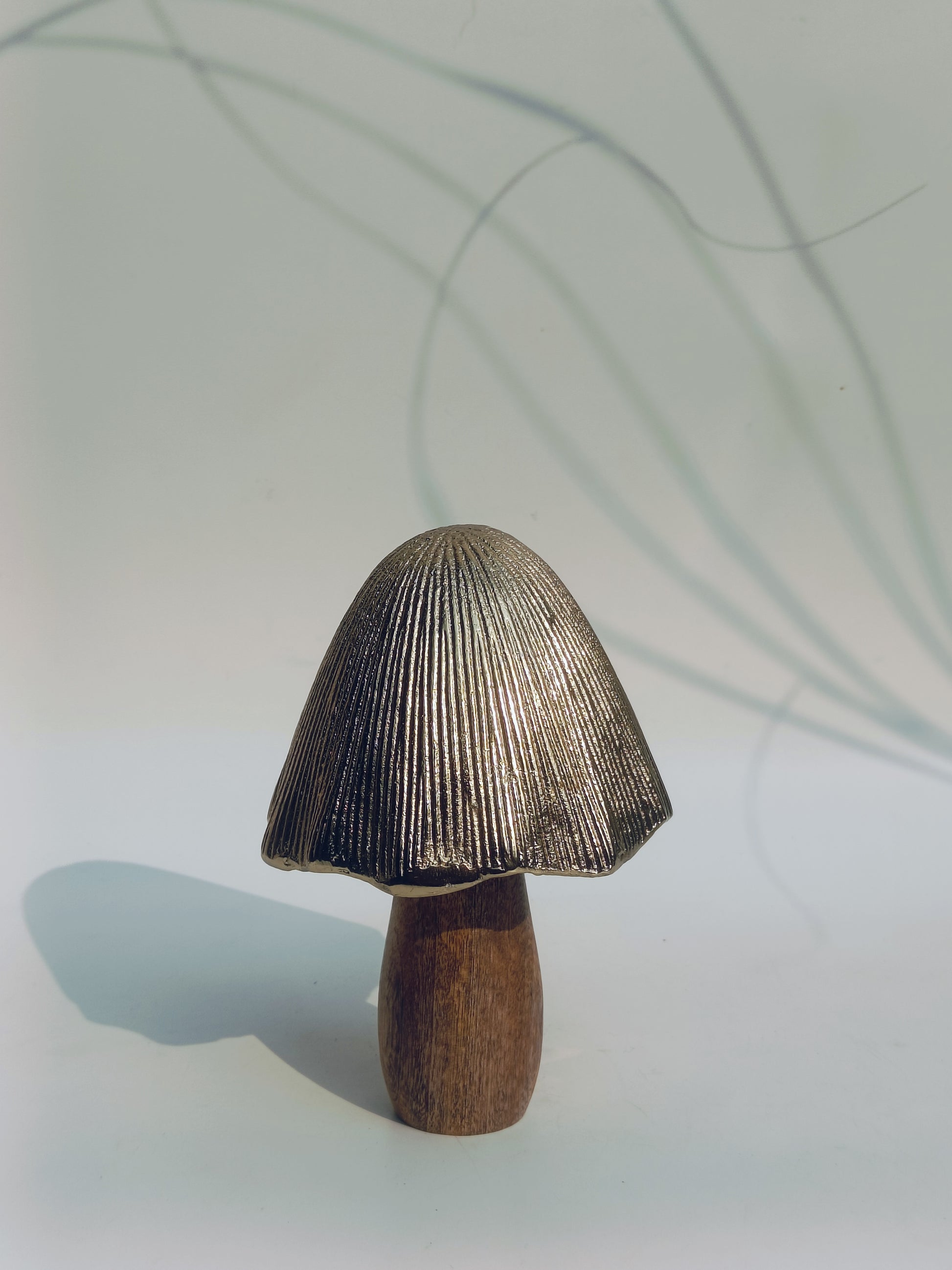 Handcrafted Metallic-Cap Wooden Mushroom Sculpture