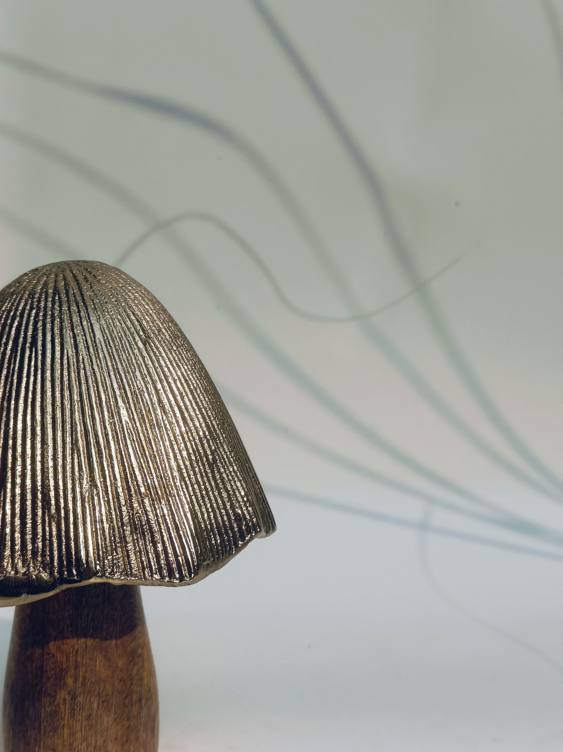 Handcrafted Metallic-Cap Wooden Mushroom Sculpture