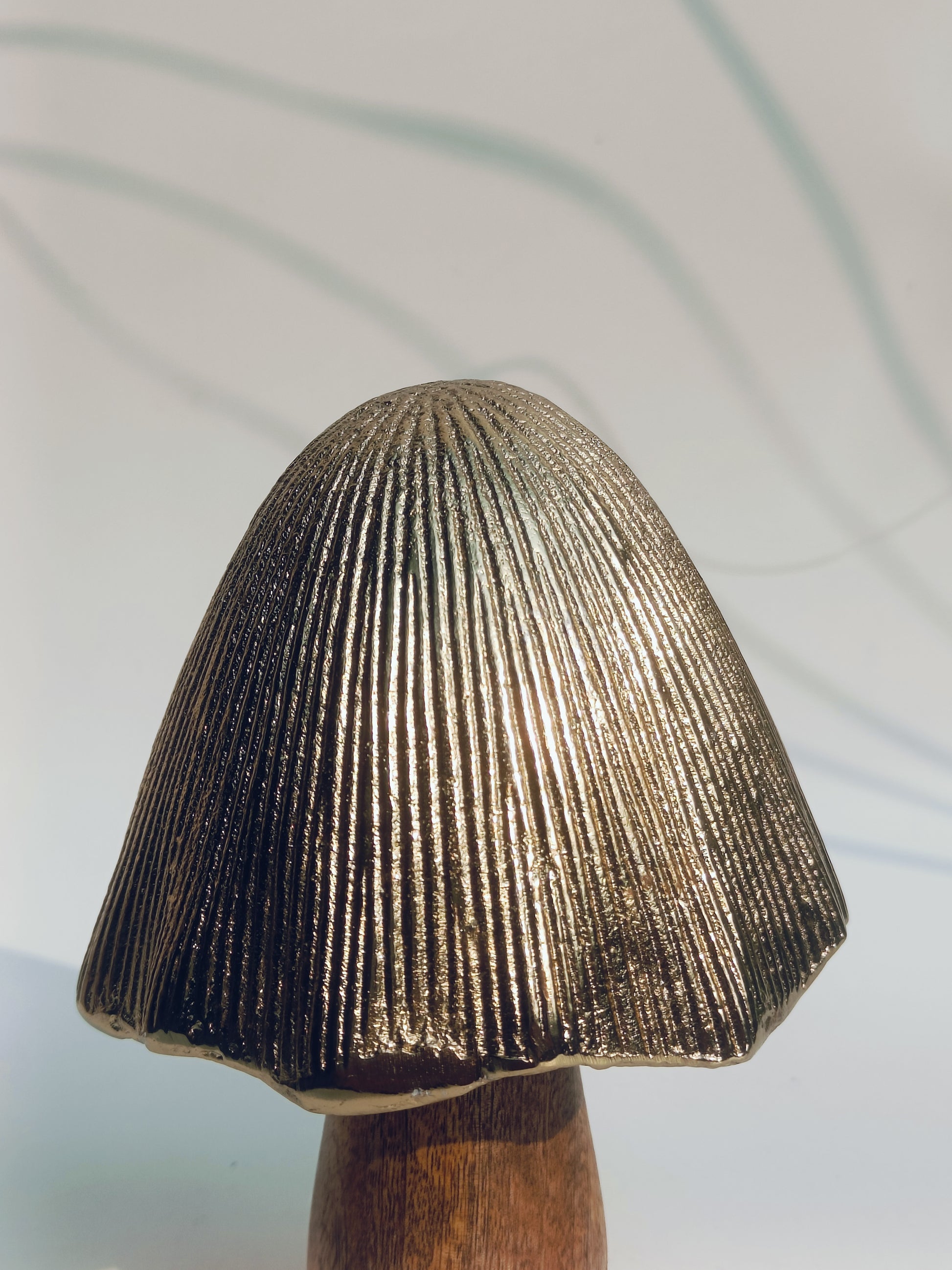 Handcrafted Metallic-Cap Wooden Mushroom Sculpture