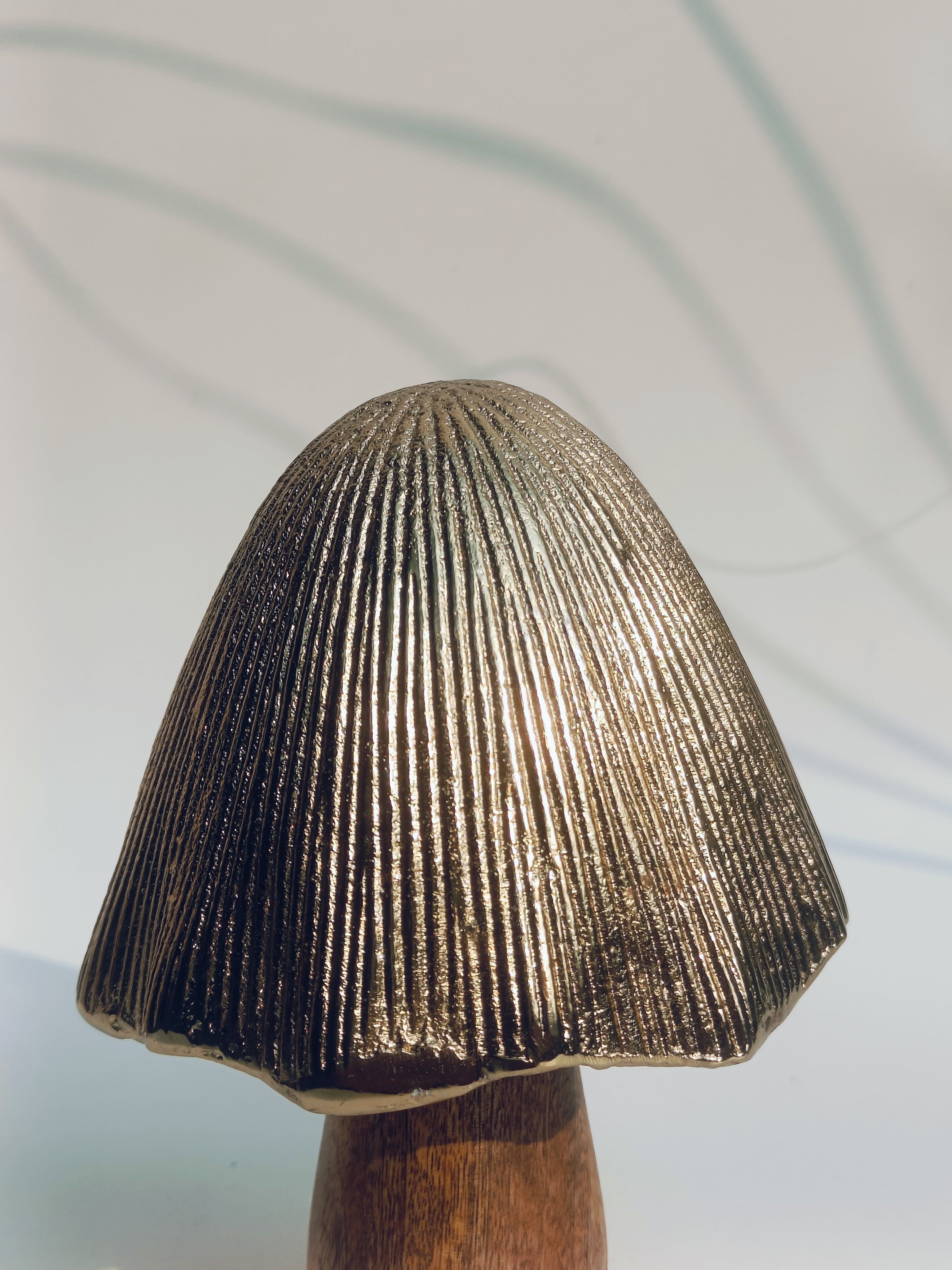 Handcrafted Metallic-Cap Wooden Mushroom Sculpture