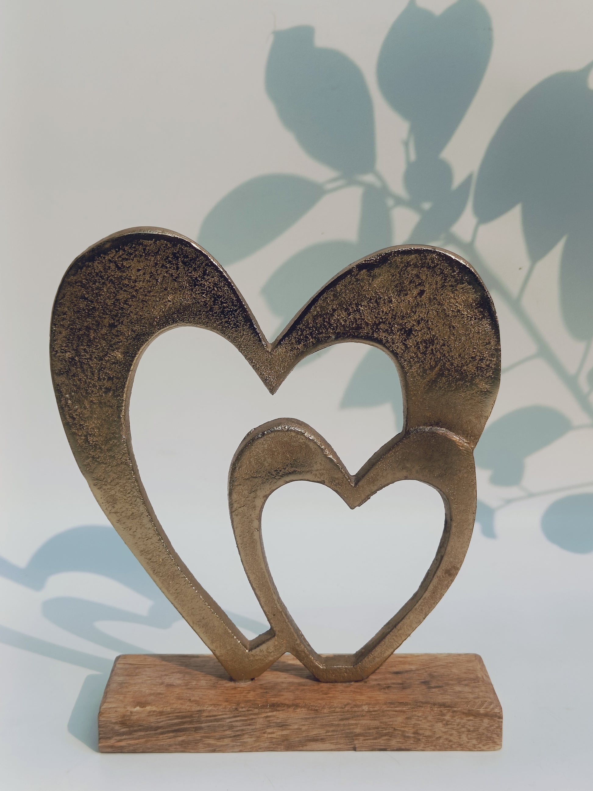Eternal Bond – Twin Heart Metal Sculpture on Wooden Base