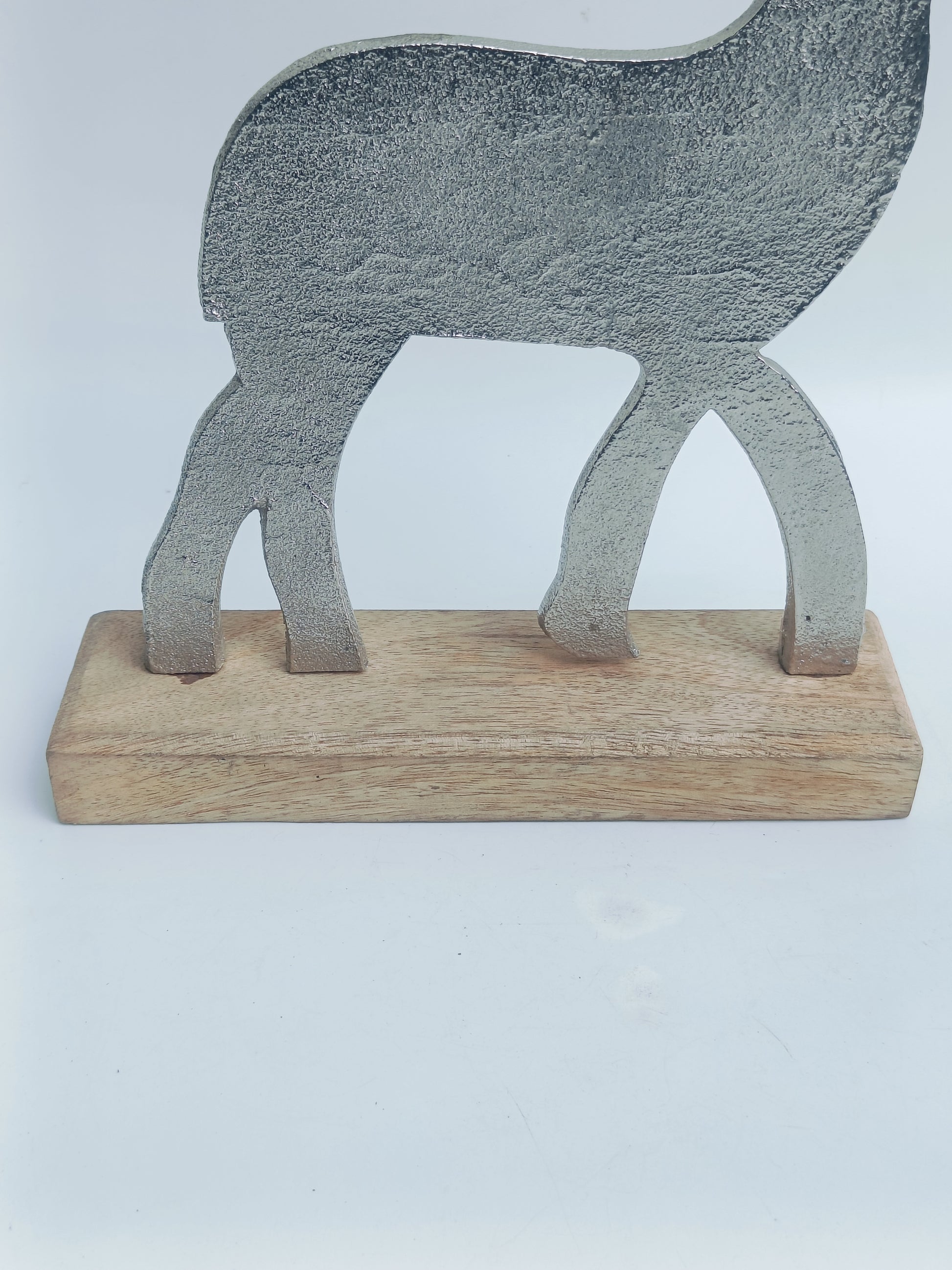 Nordic Elegance Reindeer Figurine – Silver Metal on Wooden Base