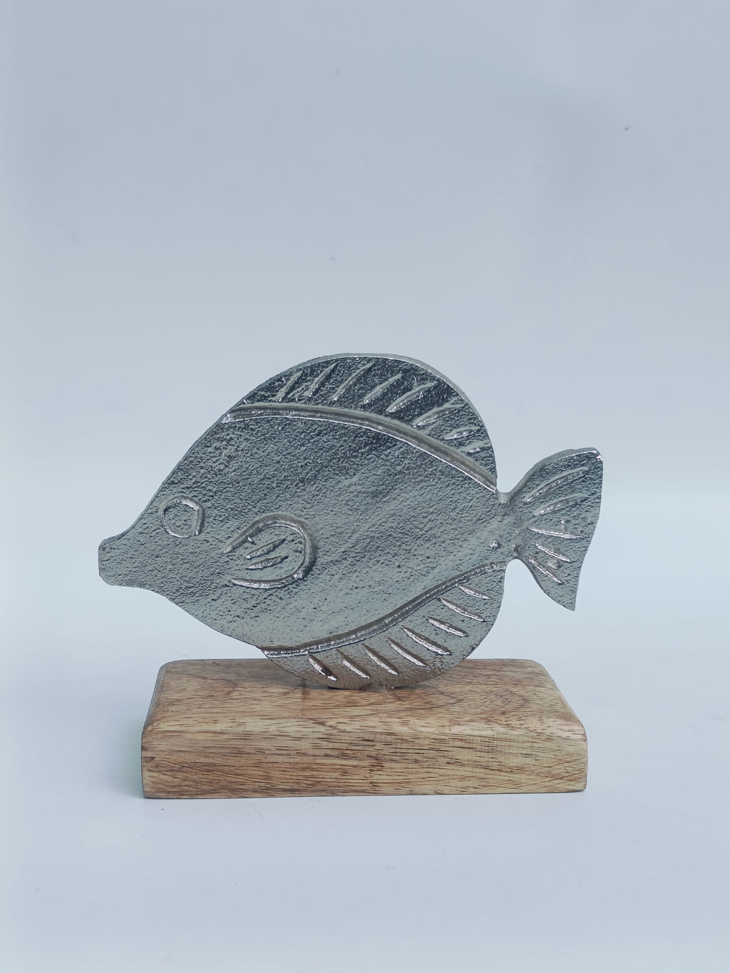 Coastal Charm Fish Figurine – Silver Metal Accent on Wooden Base