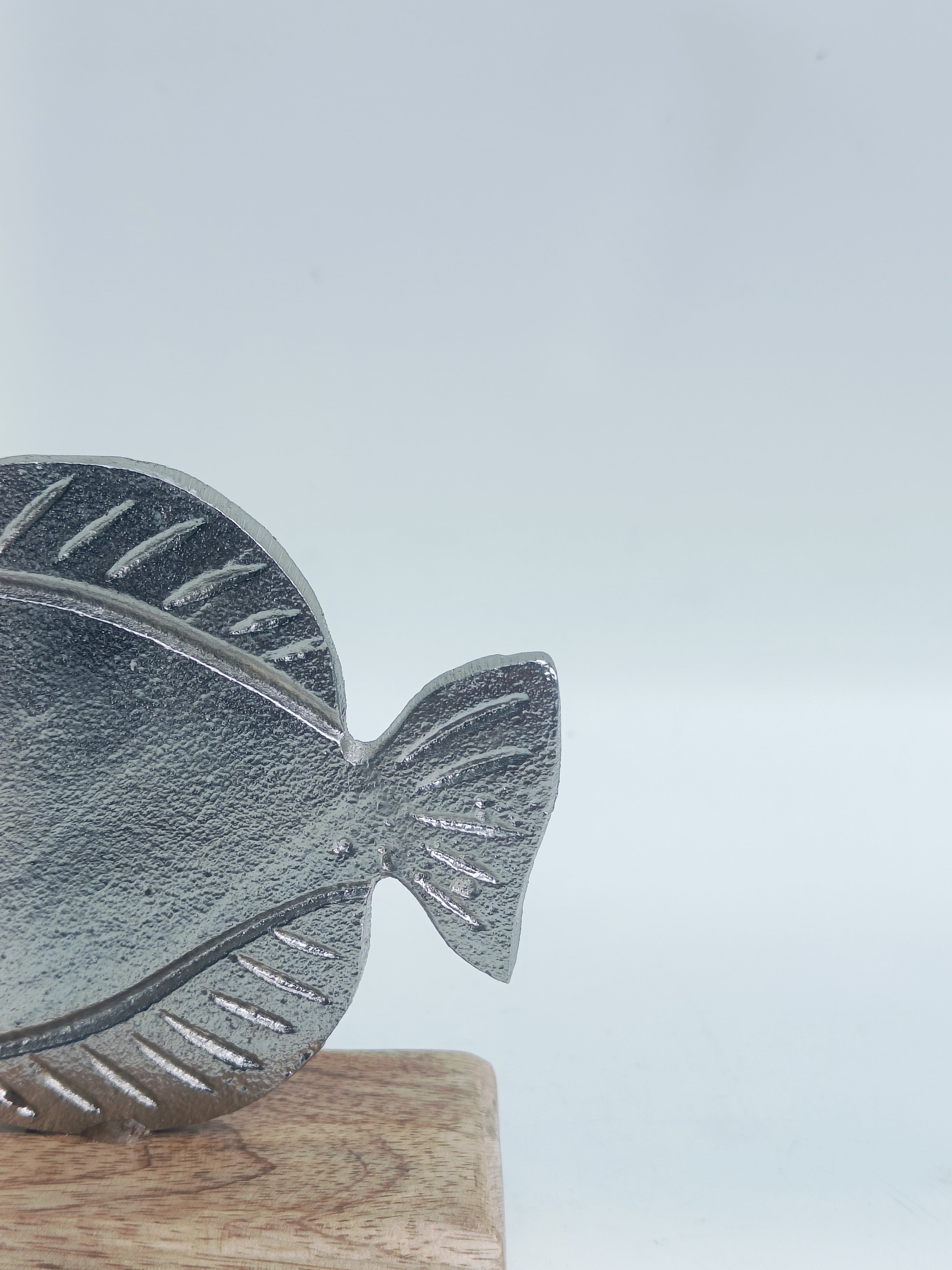 Coastal Charm Fish Figurine – Silver Metal Accent on Wooden Base