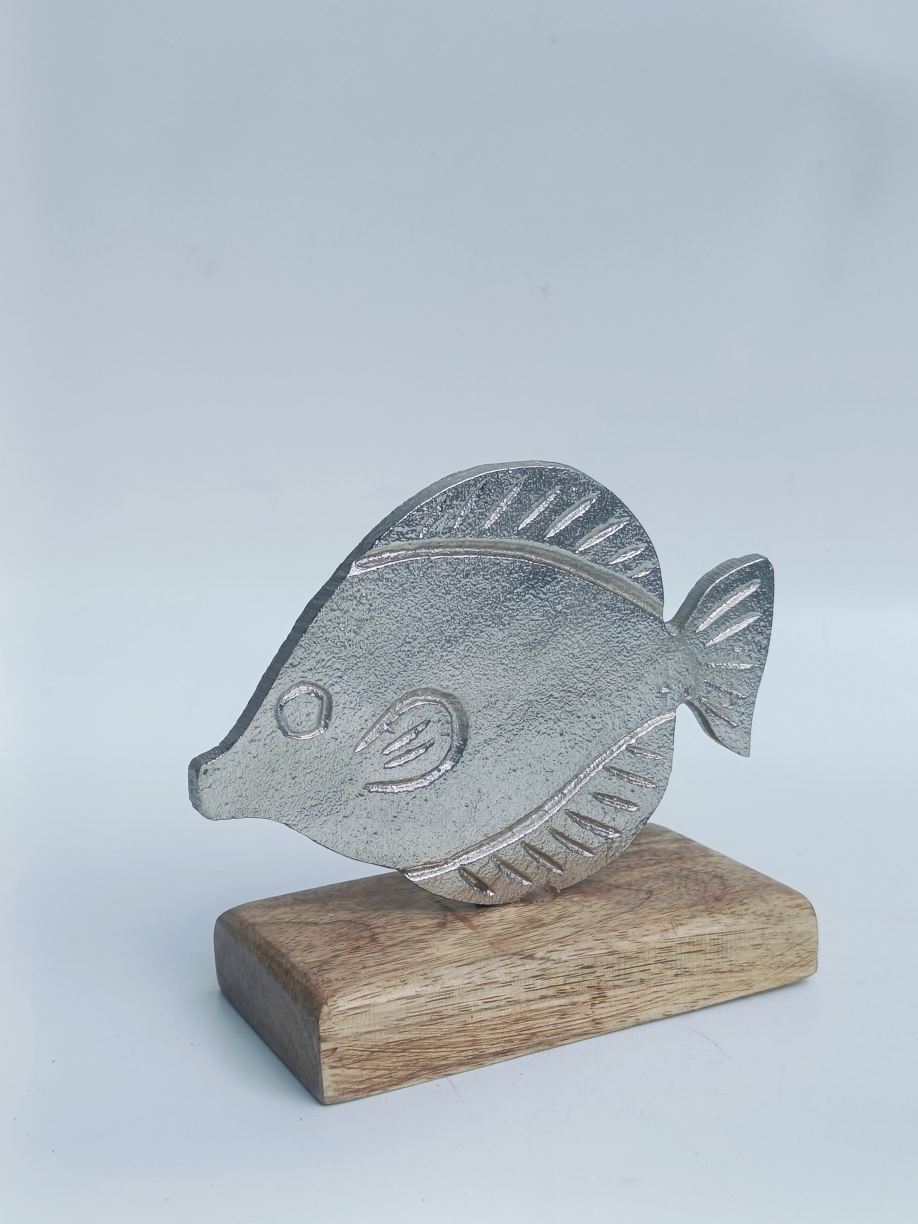 Coastal Charm Fish Figurine – Silver Metal Accent on Wooden Base