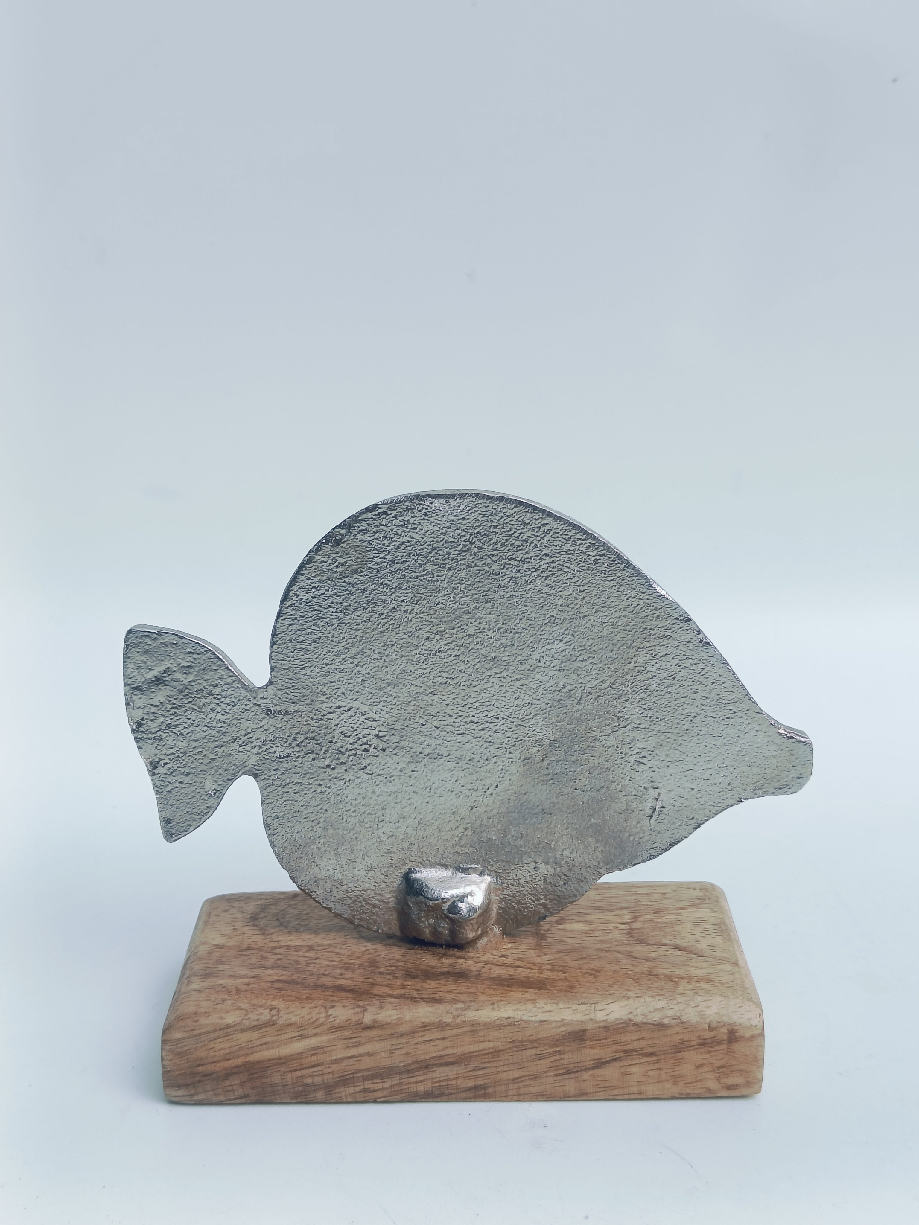 Coastal Charm Fish Figurine – Silver Metal Accent on Wooden Base