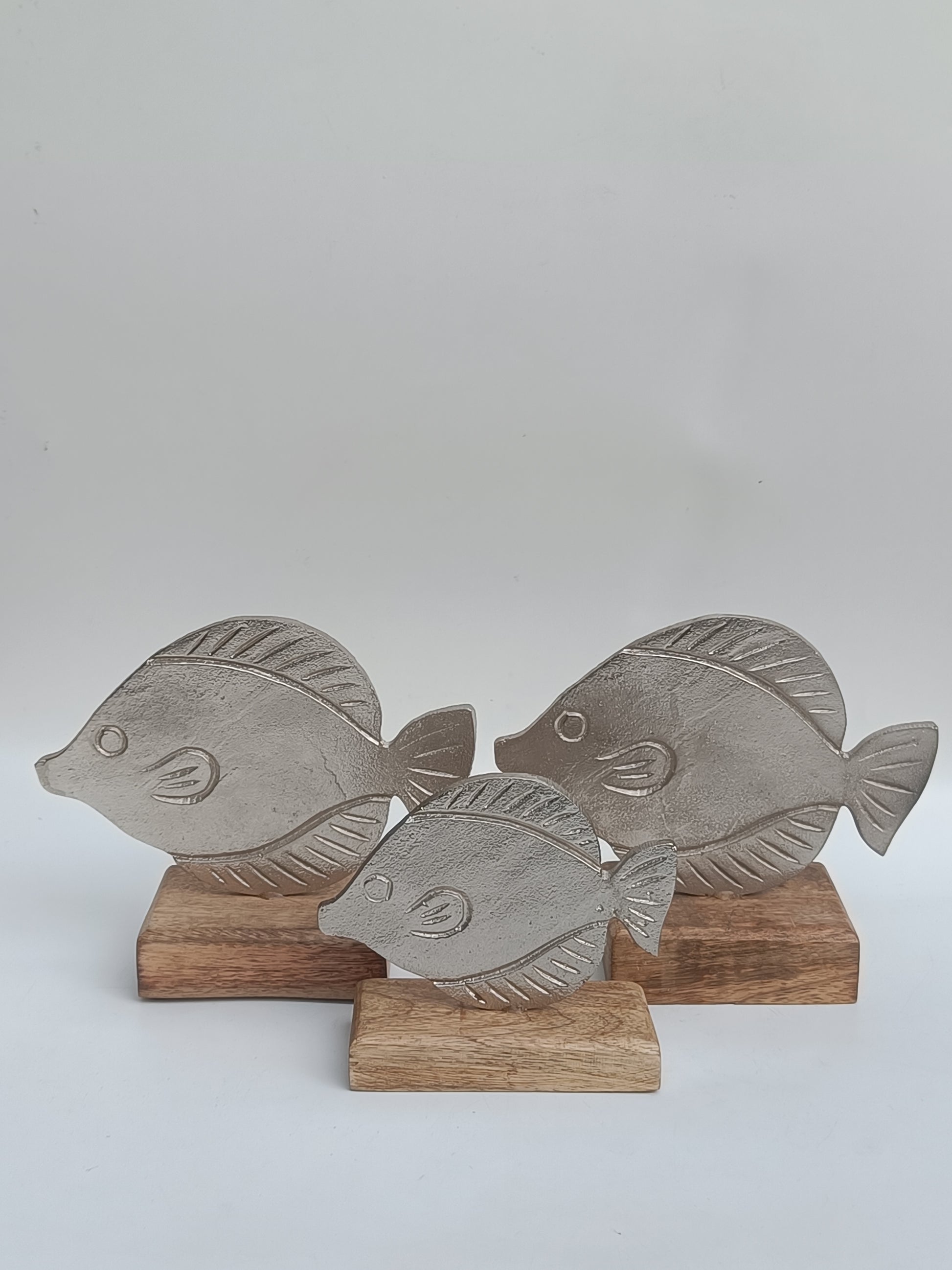 Coastal Charm Fish Figurine – Silver Metal Accent on Wooden Base