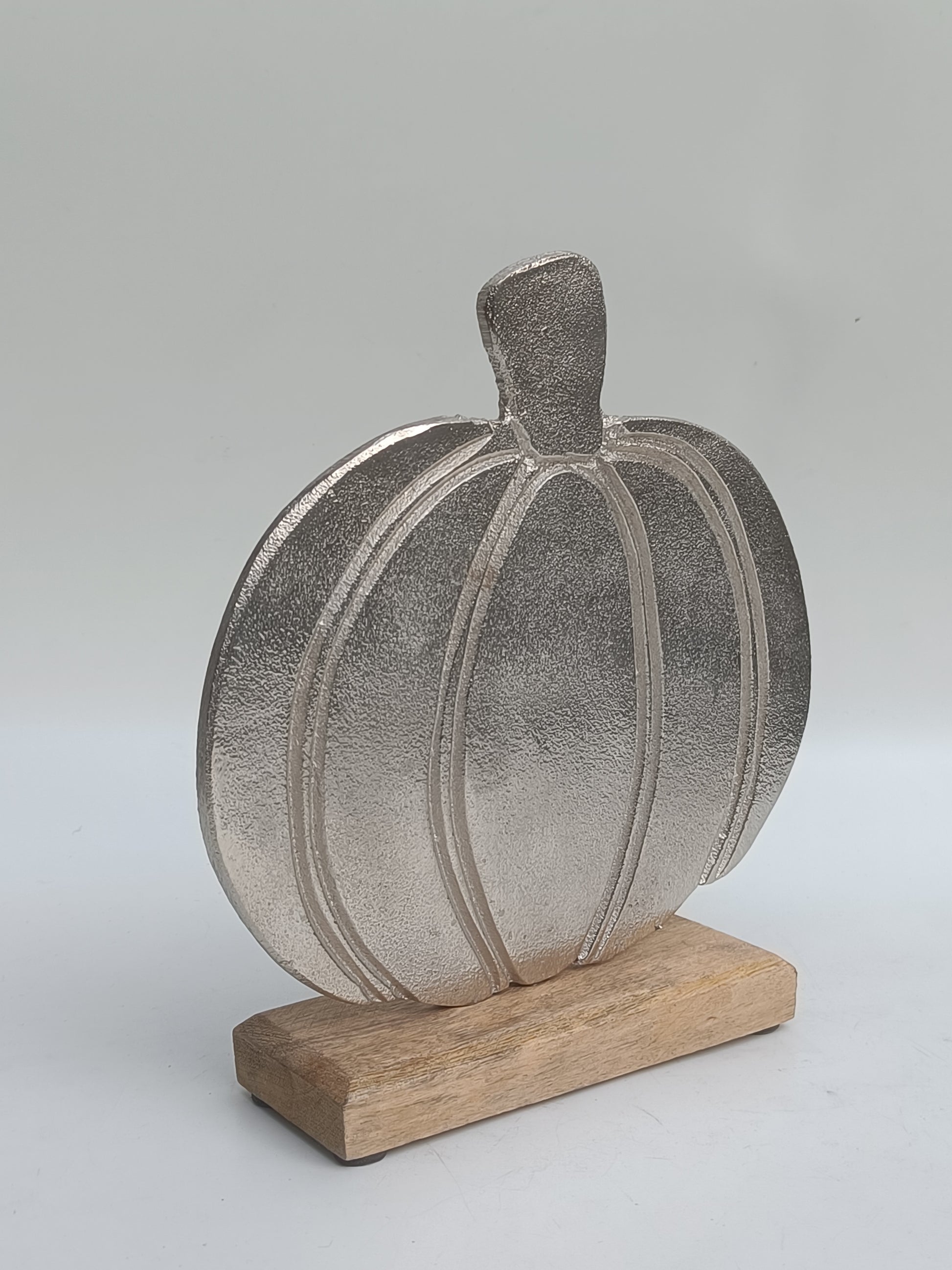 Silver Harvest Pumpkin – Tabletop Accent with Wooden Base
