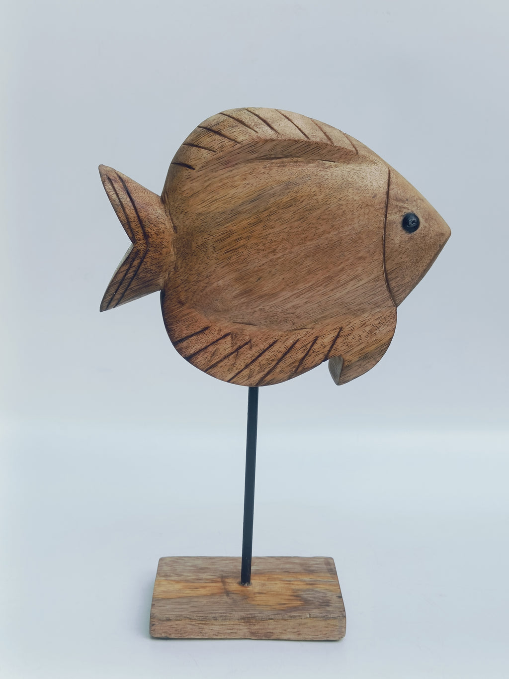 Handcrafted Wooden Fish Sculpture – Coastal Decor on Stand
