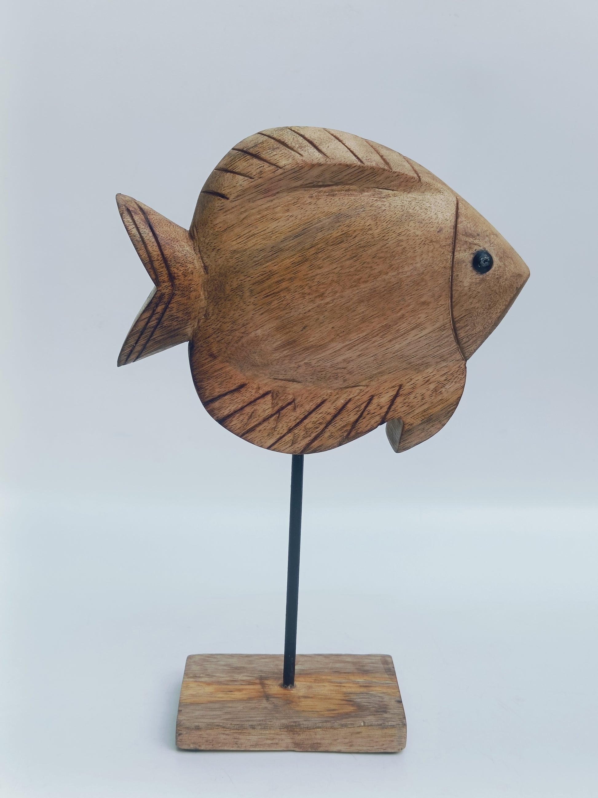 Handcrafted Wooden Fish Sculpture – Coastal Decor on Stand