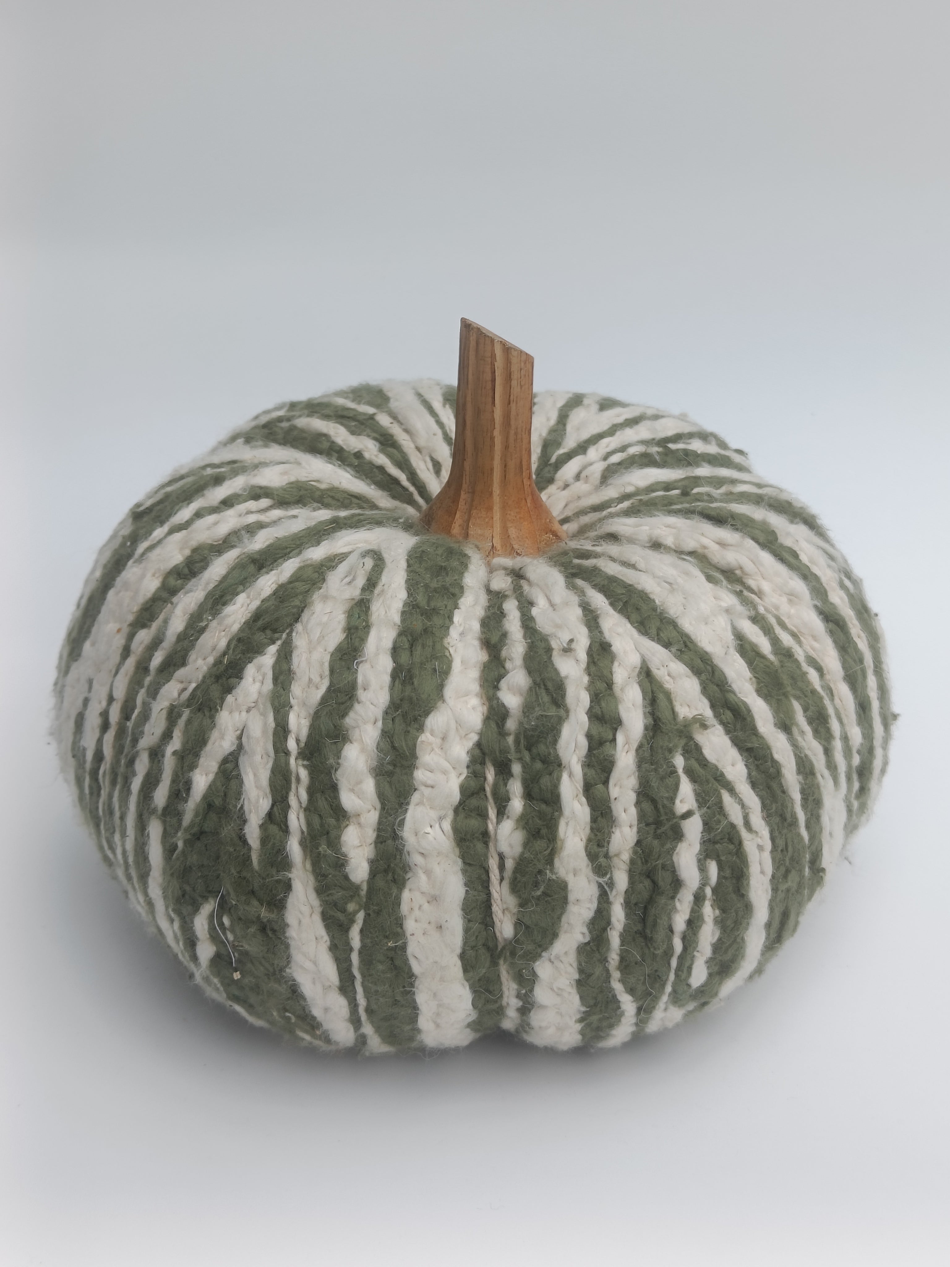 Green & Ivory Striped Pumpkin Cushion with Wooden Stem