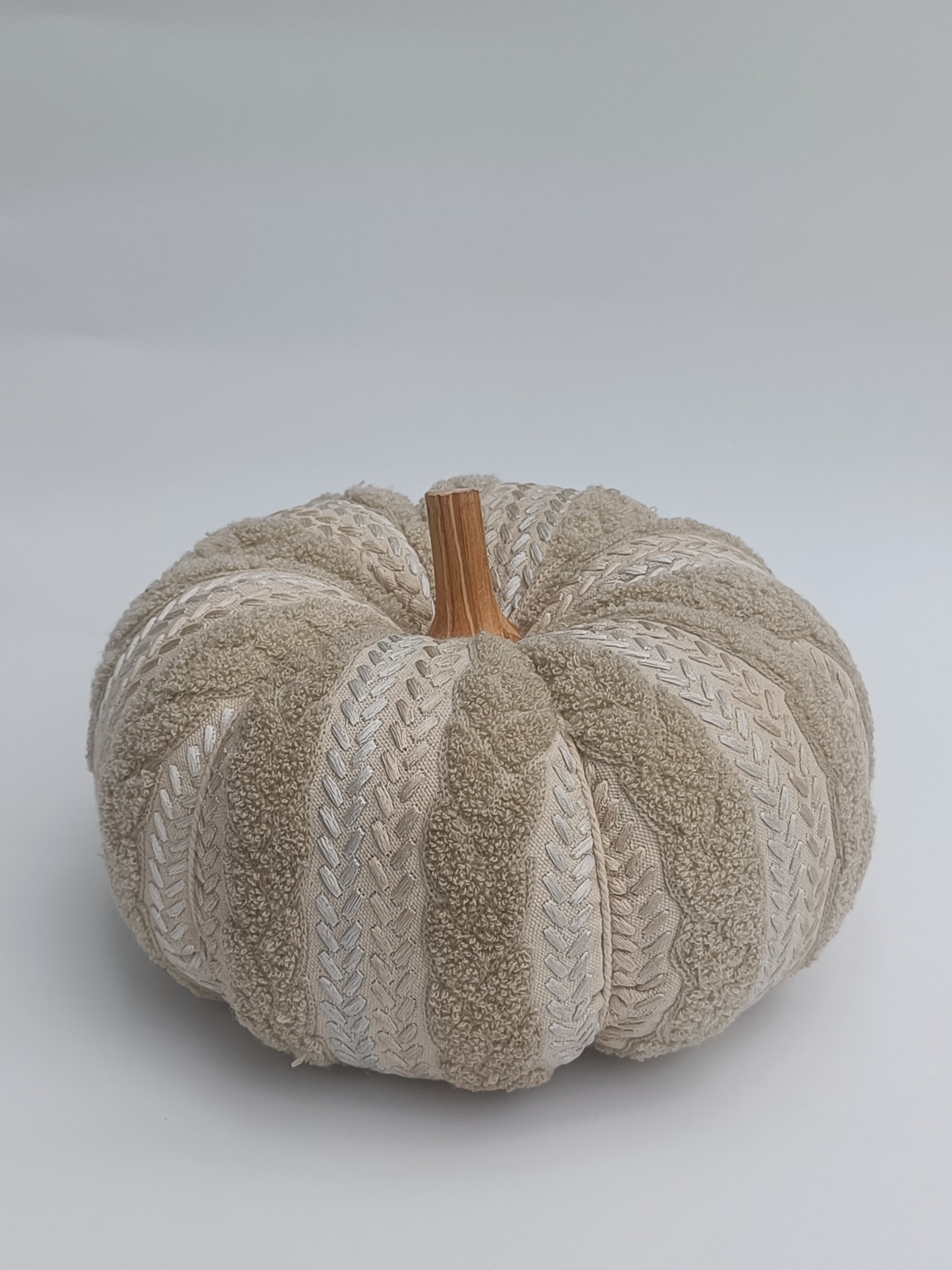 Textured Beige Embroidered Pumpkin Cushion with Wooden Stem