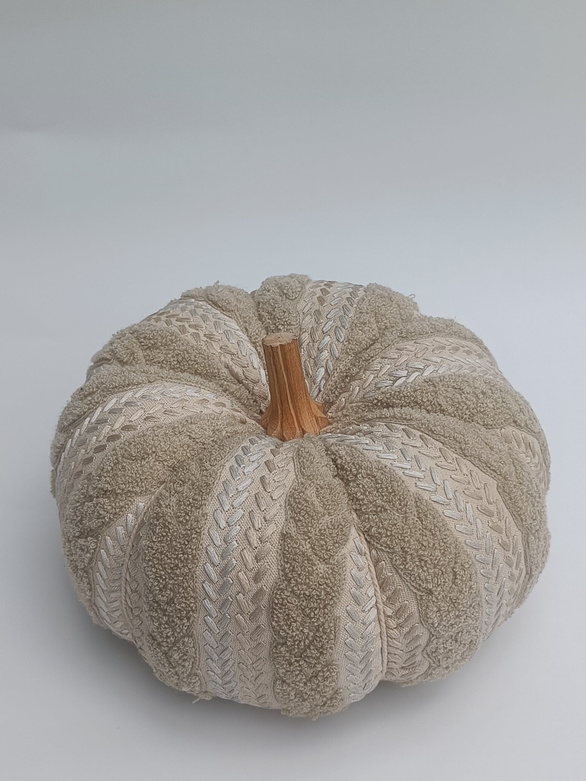 Textured Beige Embroidered Pumpkin Cushion with Wooden Stem