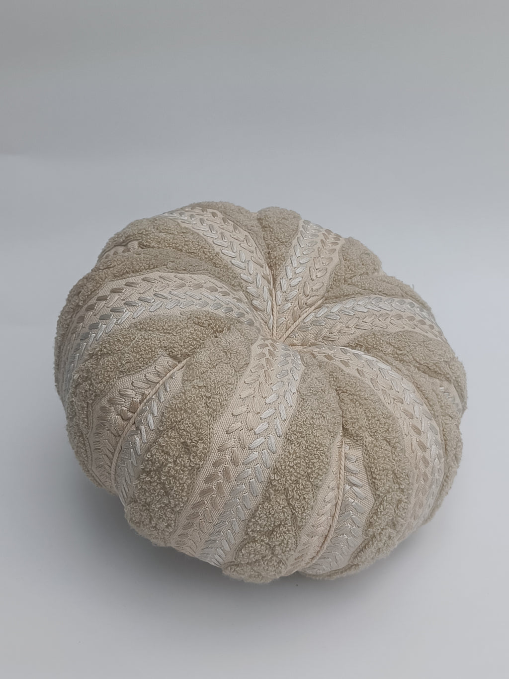 Textured Beige Embroidered Pumpkin Cushion with Wooden Stem