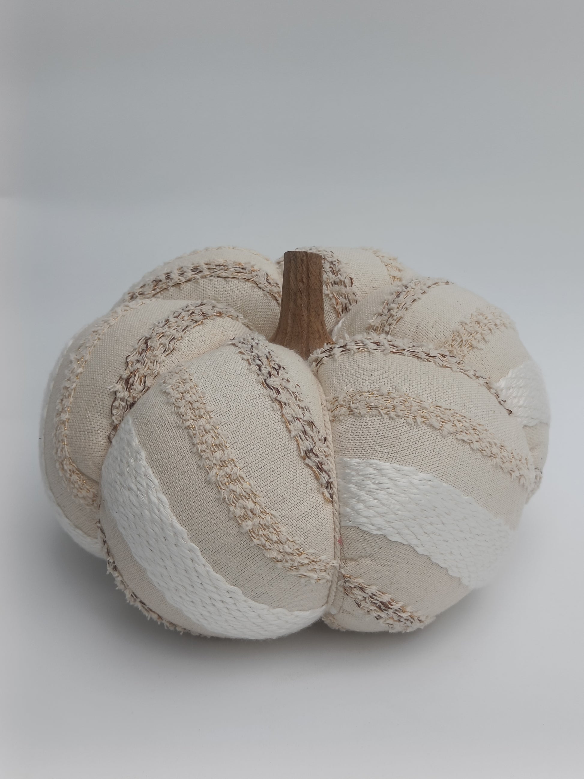 Cream Textured Pumpkin Cushion with Wooden Stem – Artisan Stitch Detail