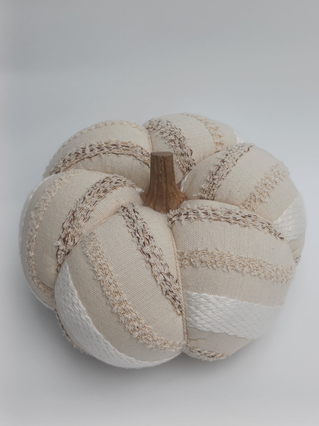 Cream Textured Pumpkin Cushion with Wooden Stem – Artisan Stitch Detail