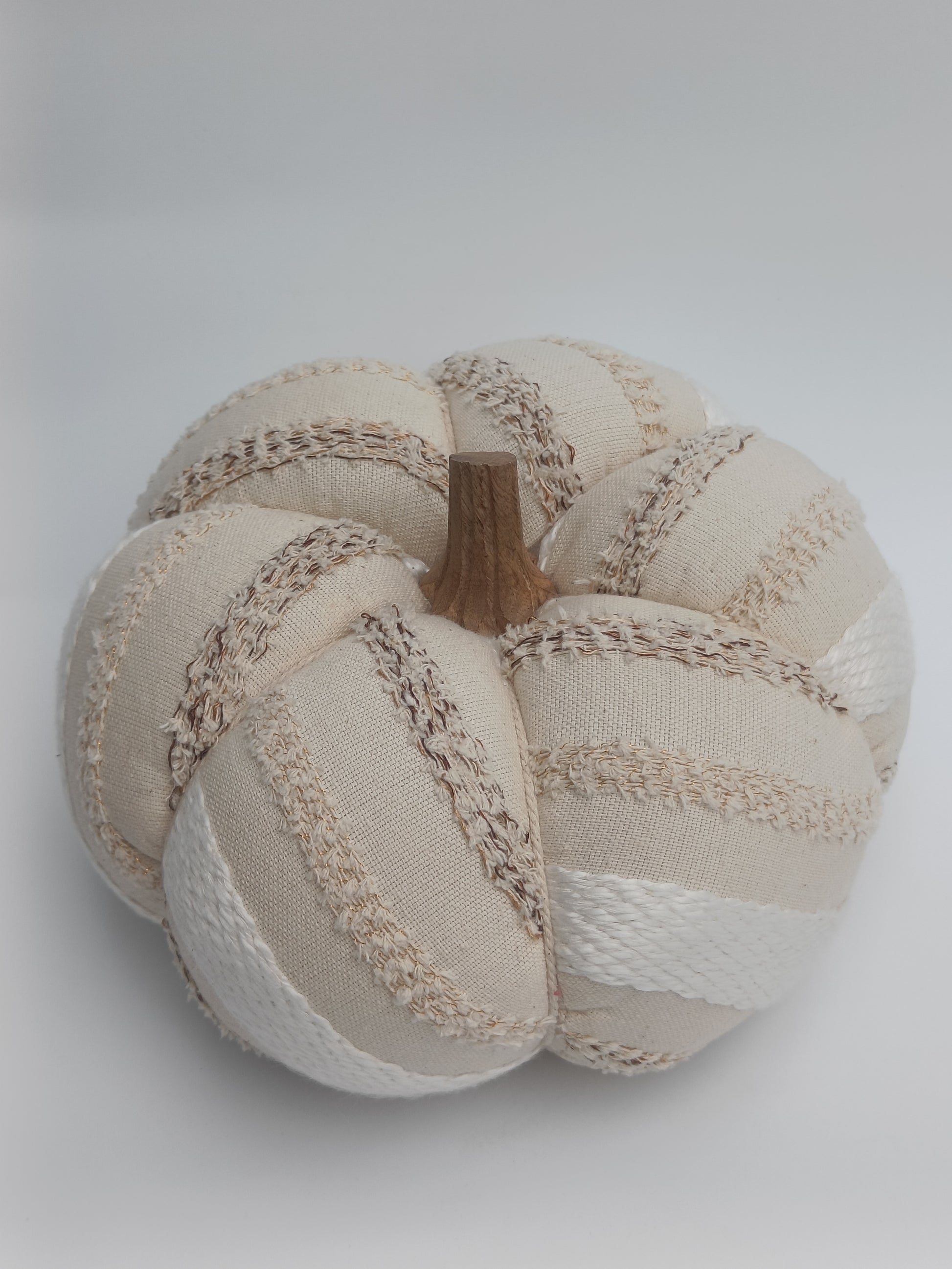 Cream Textured Pumpkin Cushion with Wooden Stem – Artisan Stitch Detail