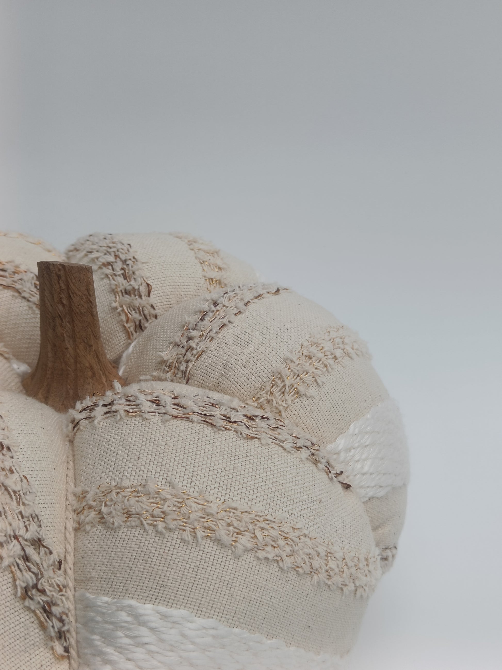 Cream Textured Pumpkin Cushion with Wooden Stem – Artisan Stitch Detail