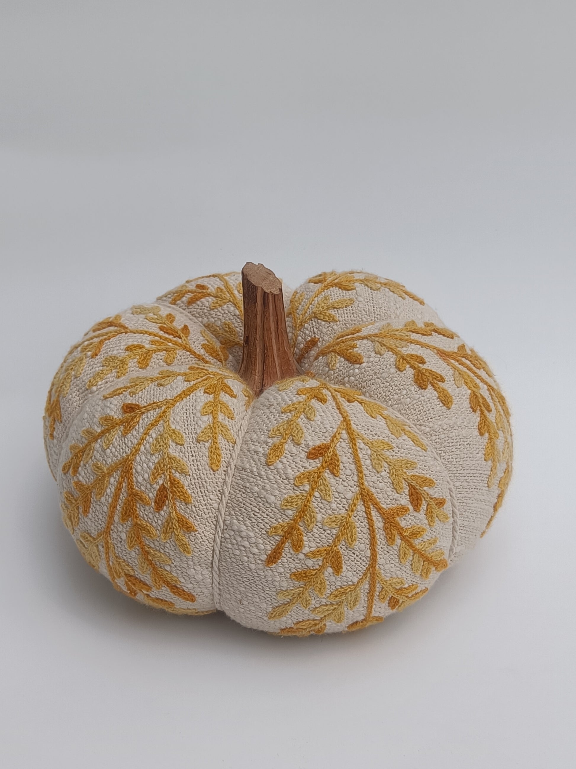 Embroidered Beige Pumpkin Cushion with Autumn Leaf Design & Wooden Stem