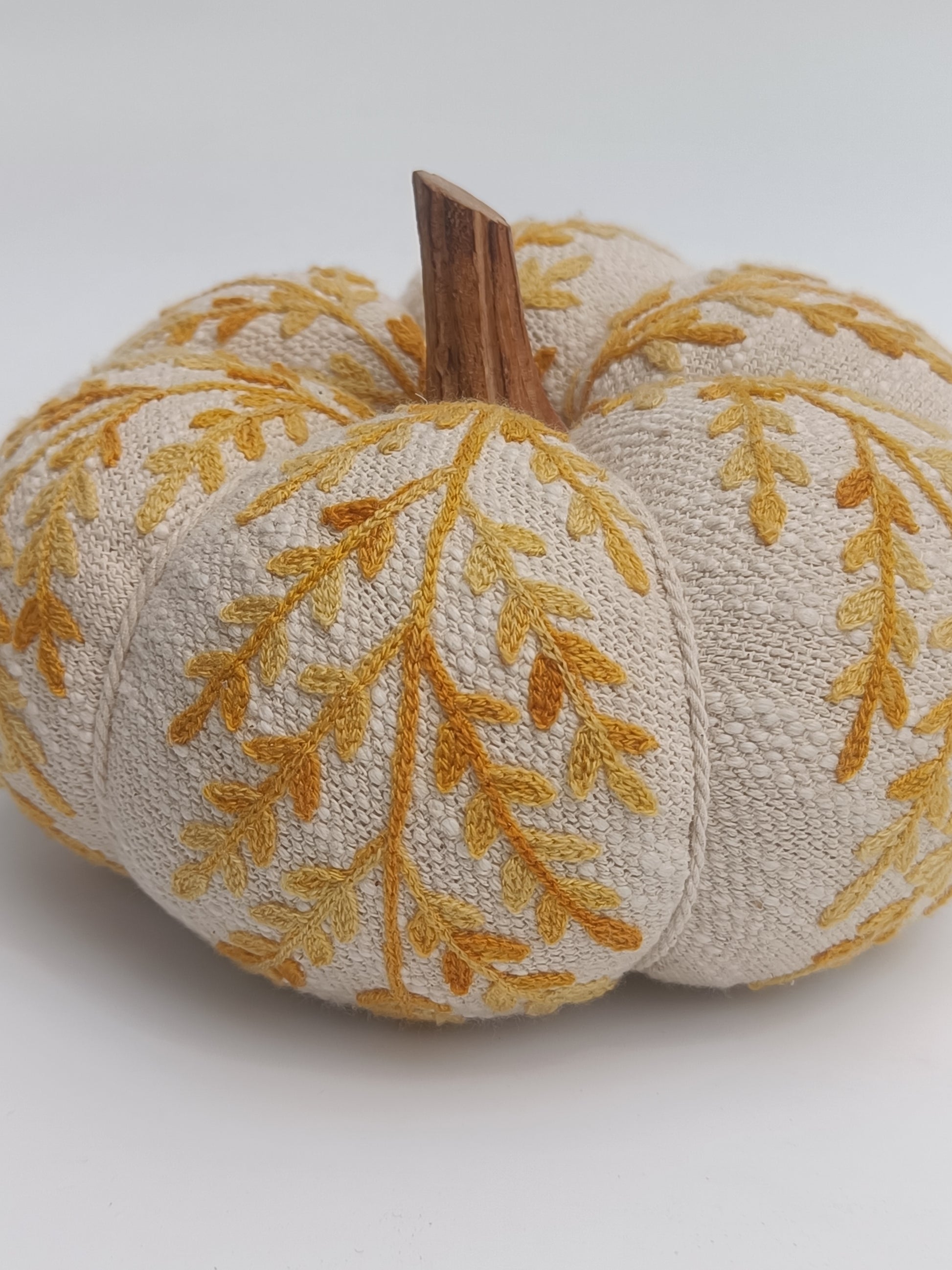 Embroidered Beige Pumpkin Cushion with Autumn Leaf Design & Wooden Stem